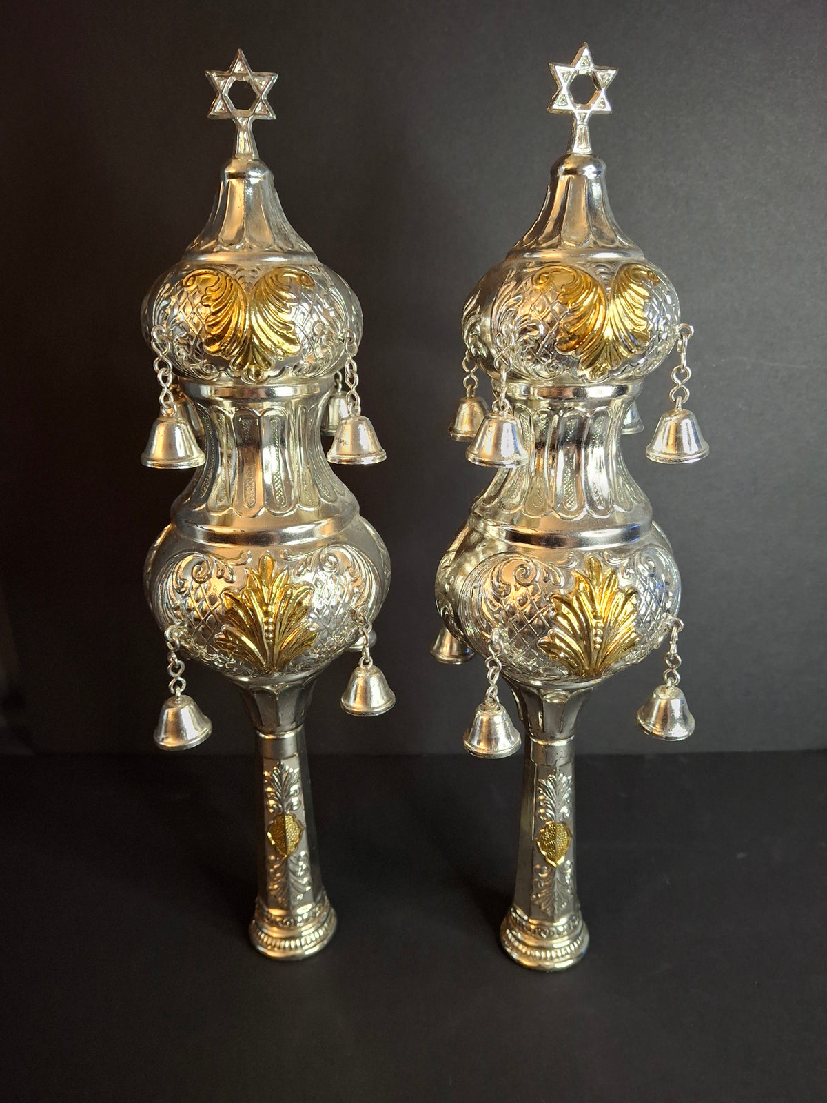 Vintage Pair Silver & Gold Plated Resin Torah Finials Rimonim Star of David Bells 12"