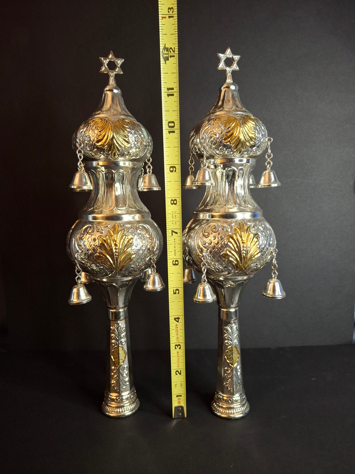 Vintage Pair Silver & Gold Plated Resin Torah Finials Rimonim Star of David Bells 12"