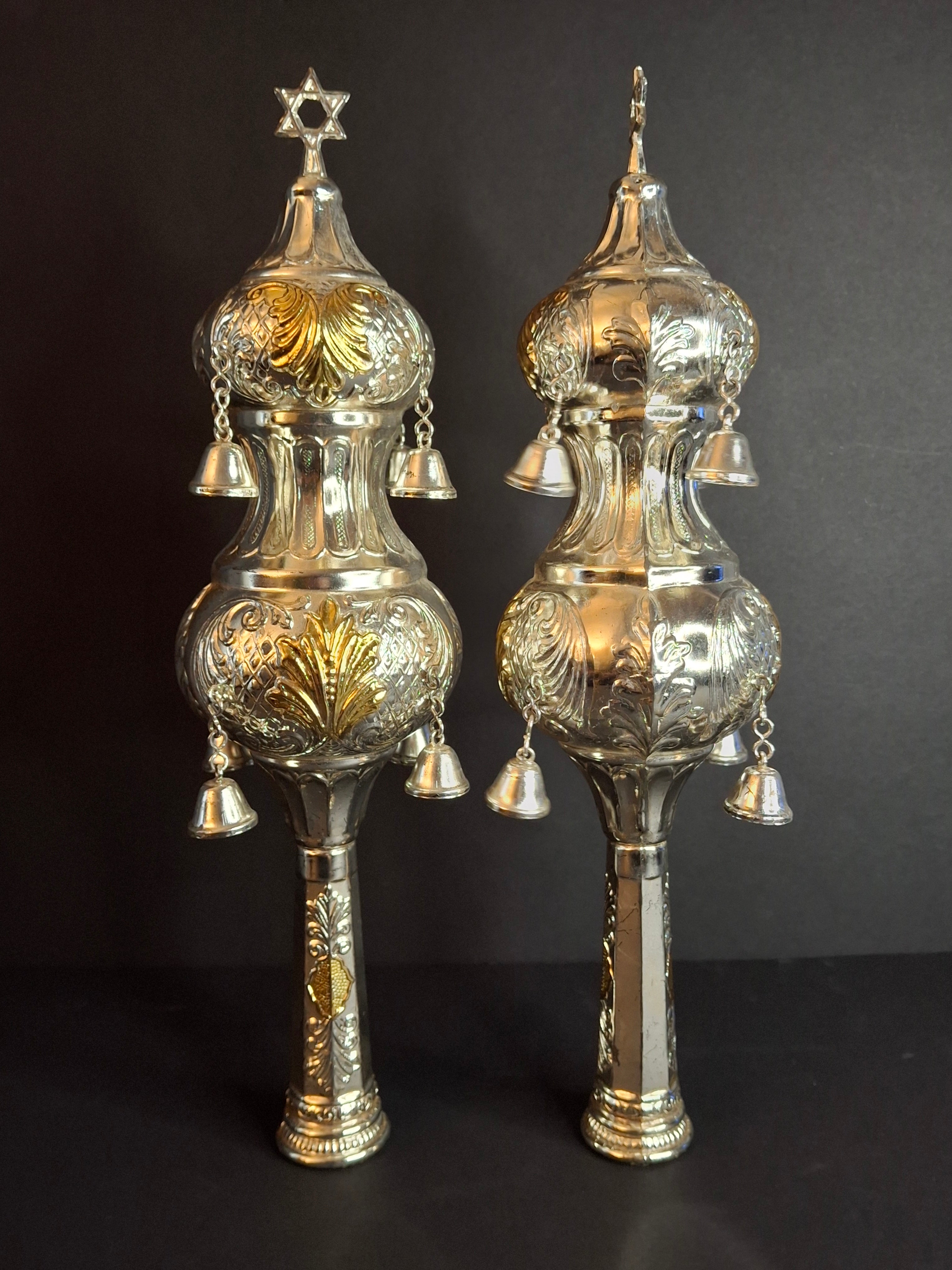 Vintage Ornate Torah Rimonim Finials Pair Silver Plated Star of David Bells 12"