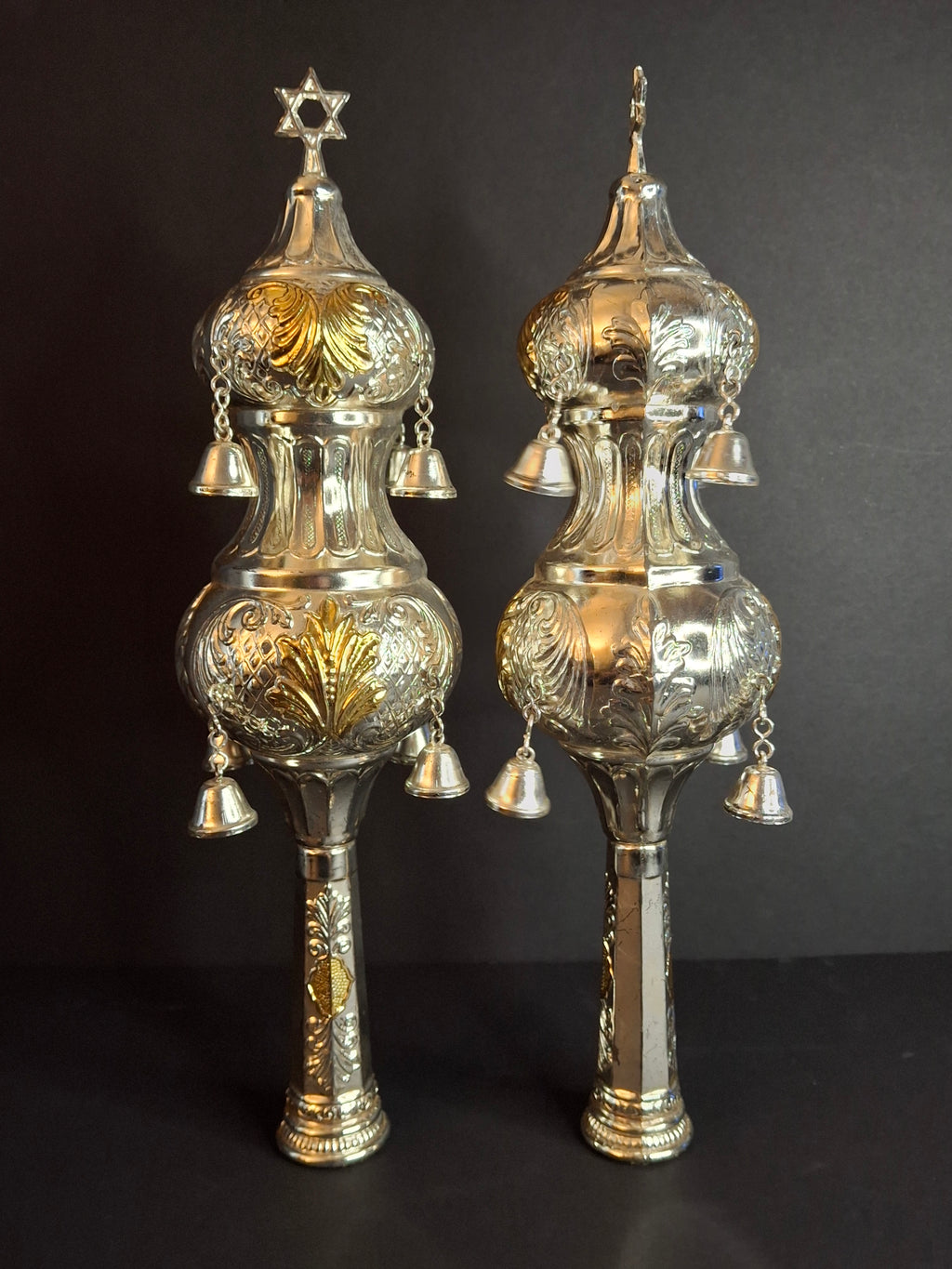 Vintage Pair Silver & Gold Plated Resin Torah Finials Rimonim Star of David Bells 12"