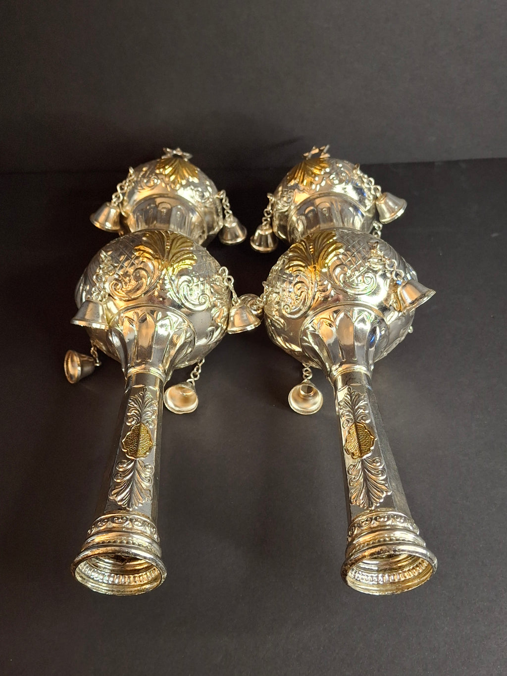 Vintage Pair Silver & Gold Plated Resin Torah Finials Rimonim Star of David Bells 12"