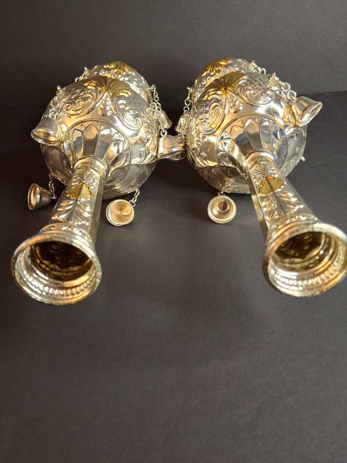 Vintage Pair Silver & Gold Plated Resin Torah Finials Rimonim Star of David Bells 12"