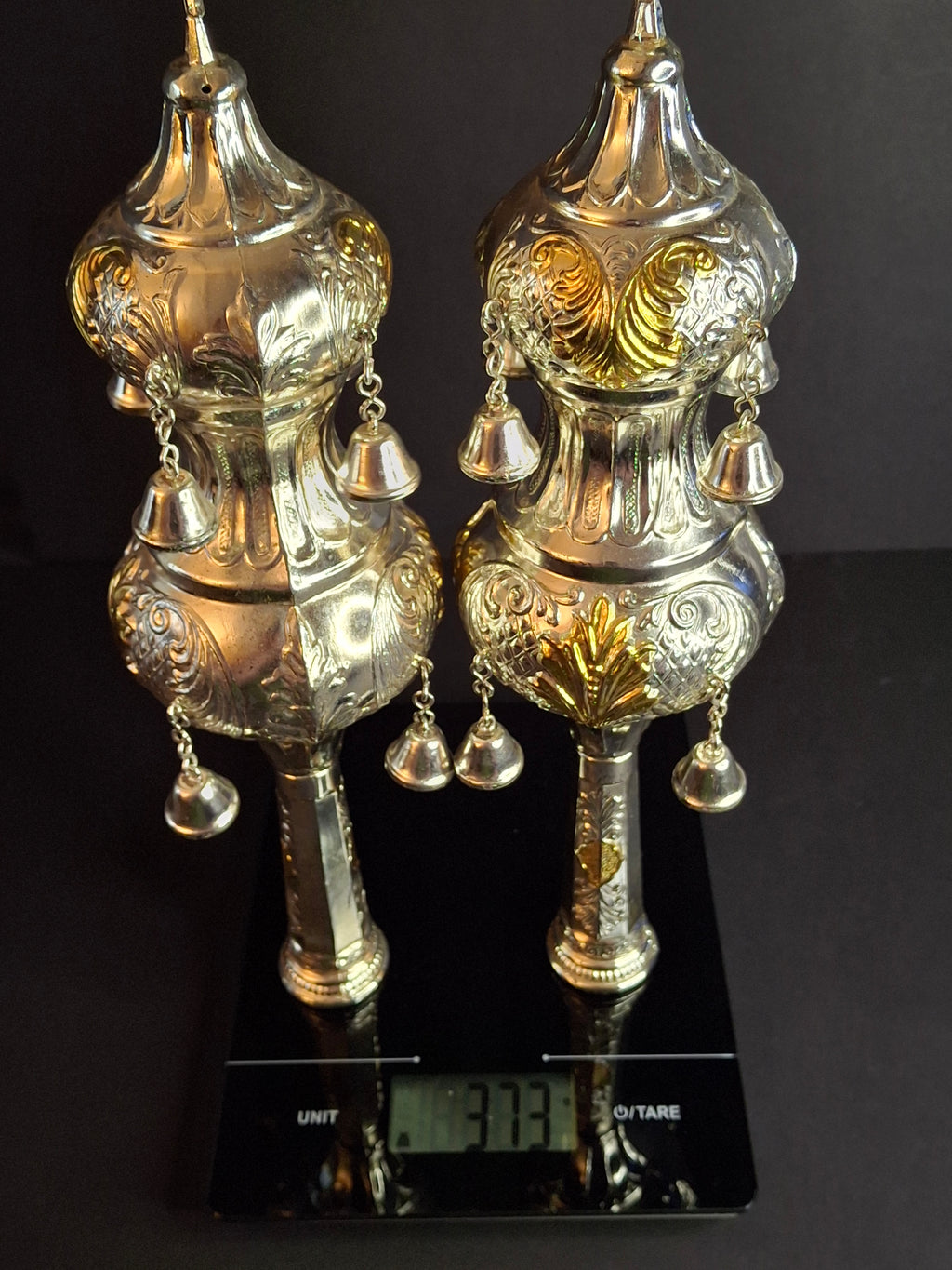 Vintage Pair Silver & Gold Plated Resin Torah Finials Rimonim Star of David Bells 12"