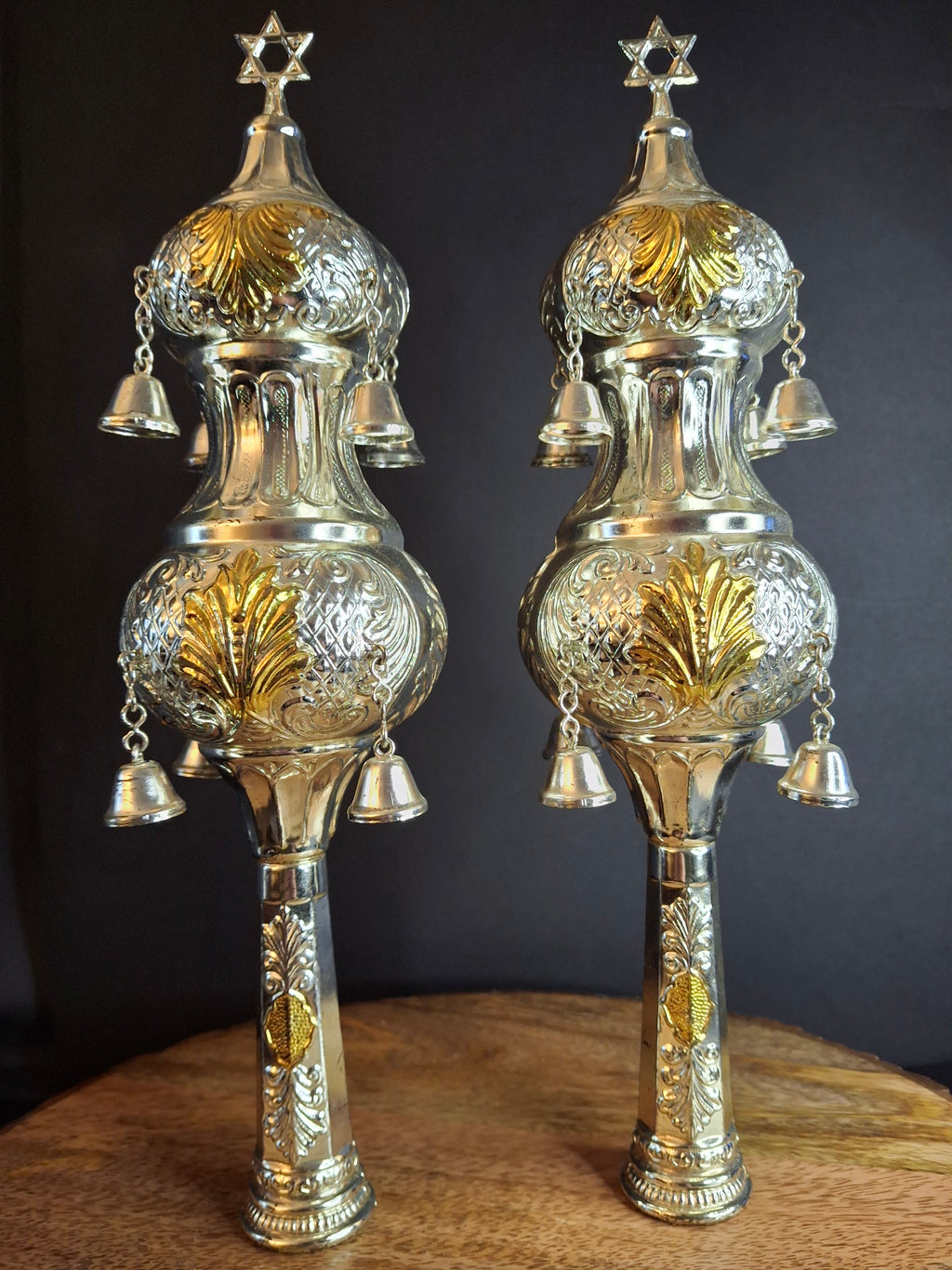 Vintage Pair Silver & Gold Plated Resin Torah Finials Rimonim Star of David Bells 12"