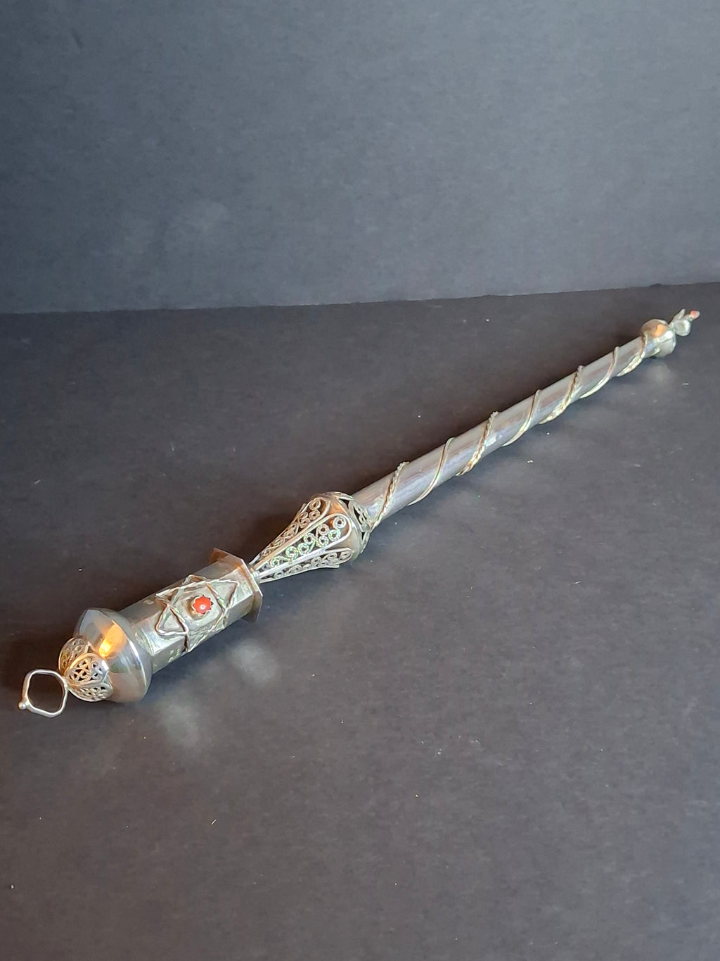 Antique 1812 Russian Silver Torah Pointer Yad - 84 Zolotnik - Filigree & Coral Stone