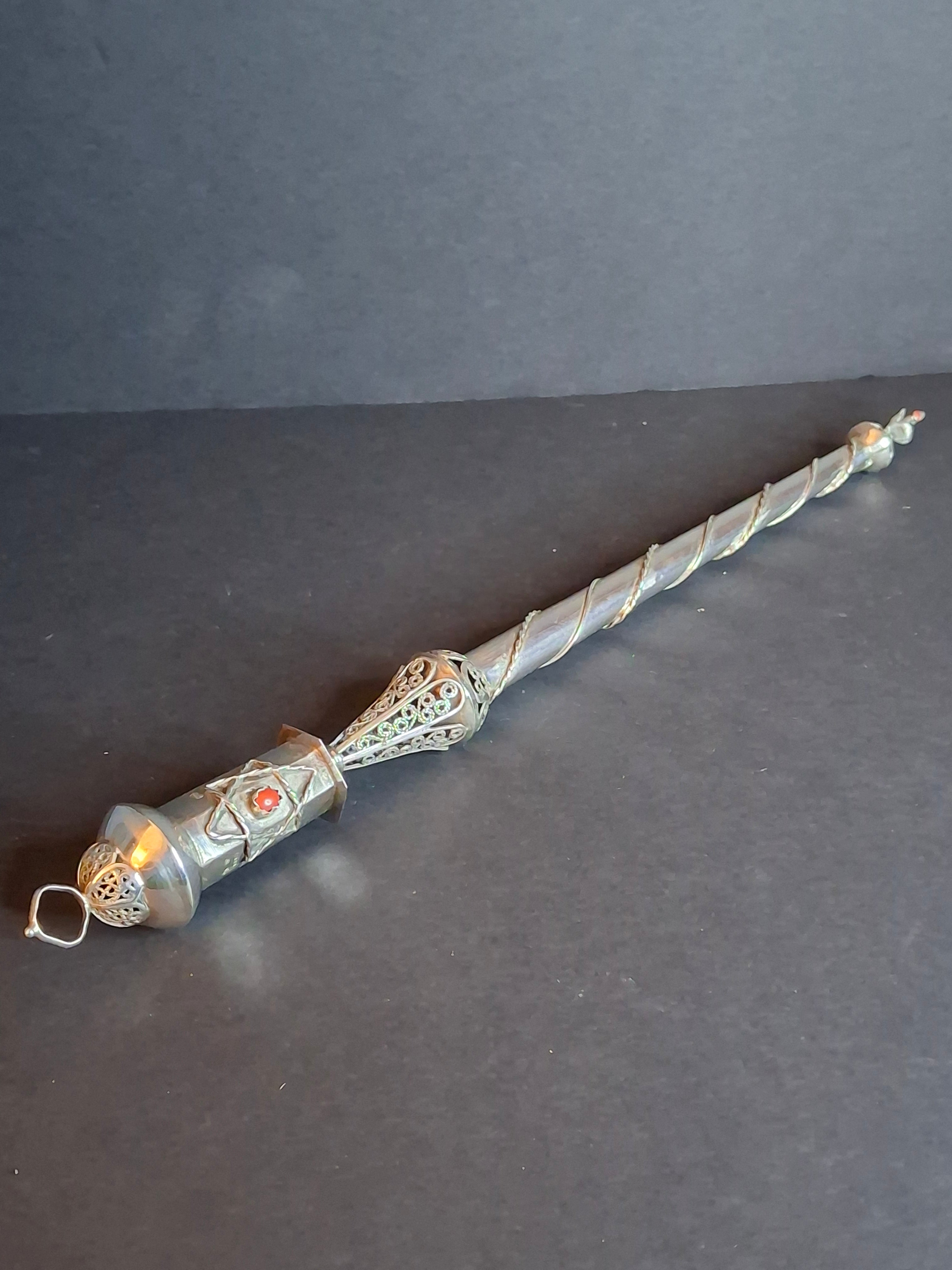 Antique 1812 Russian Silver Torah Pointer Yad - 84 Zolotnik - Filigree & Coral Stone