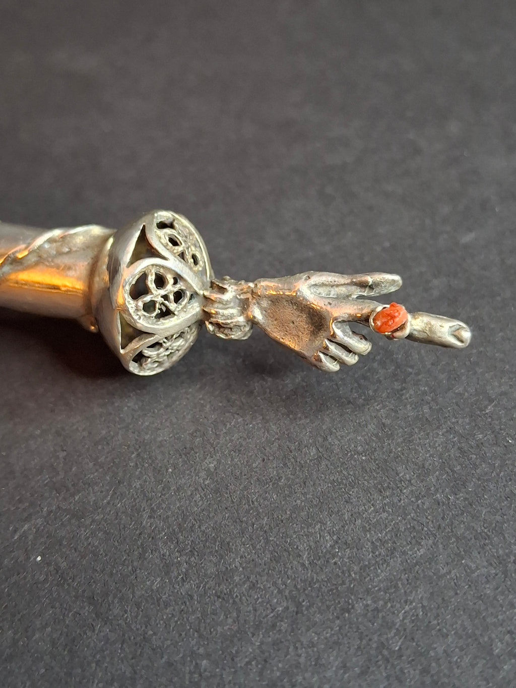 Antique 1812 Russian Silver Torah Pointer Yad - 84 Zolotnik - Filigree & Coral Stone