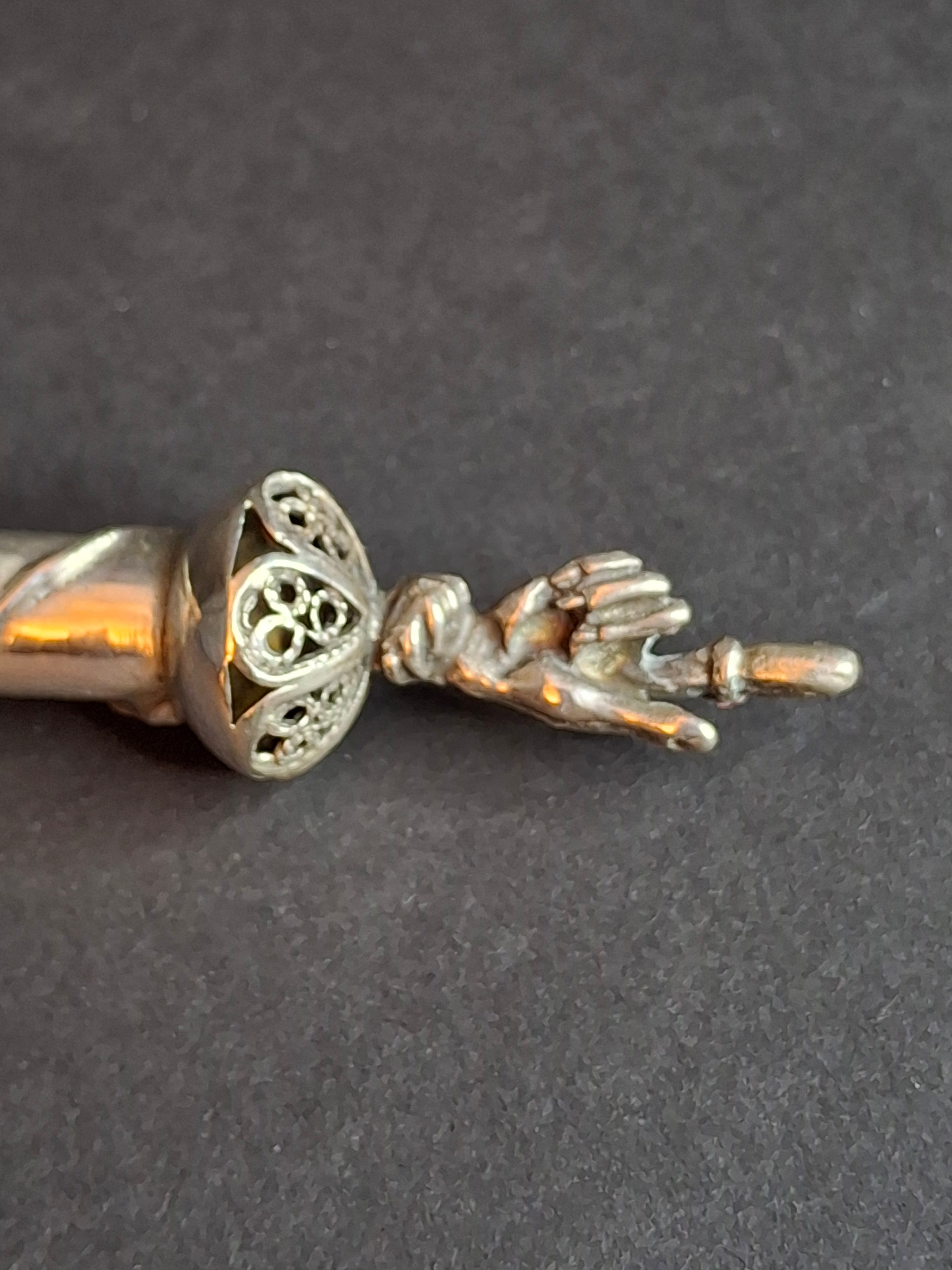 Antique 1812 Russian Silver Torah Pointer Yad - 84 Zolotnik - Filigree & Coral Stone