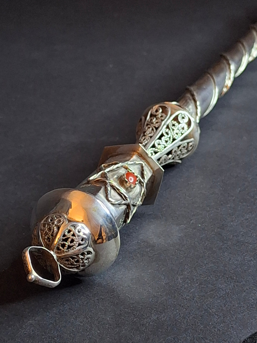 Antique 1812 Russian Silver Torah Pointer Yad - 84 Zolotnik - Filigree & Coral Stone