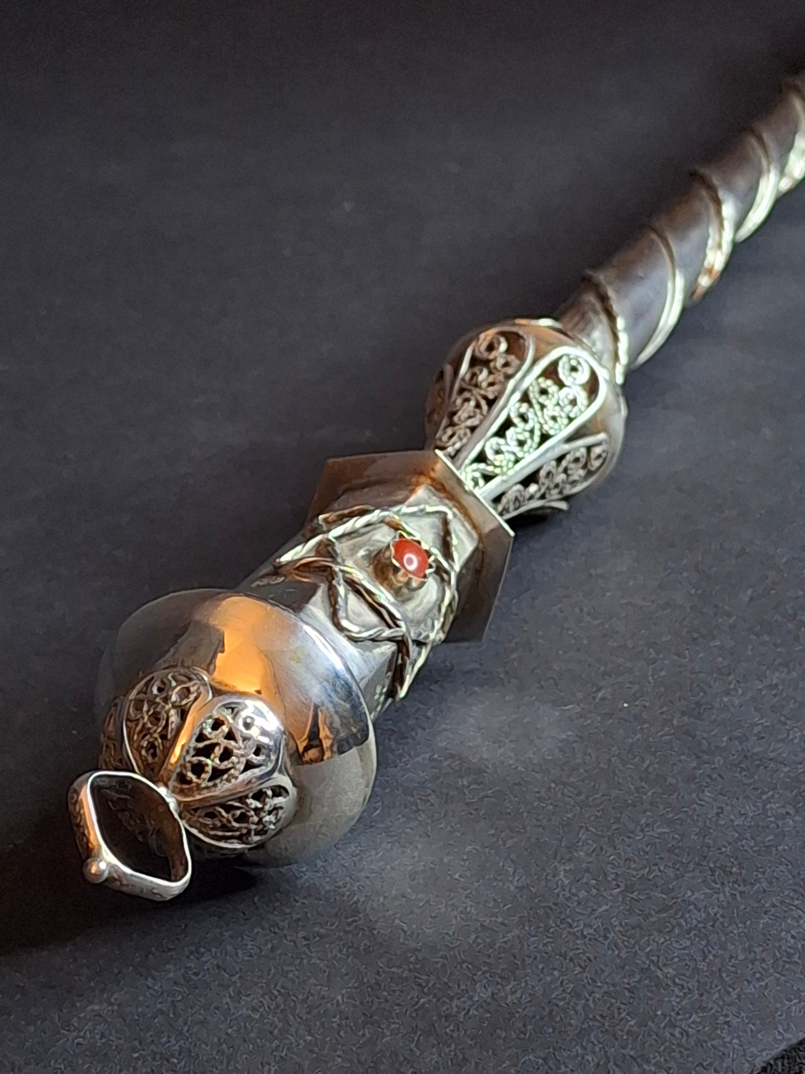 Antique 1812 Russian Silver Torah Pointer Yad - 84 Zolotnik - Filigree & Coral Stone