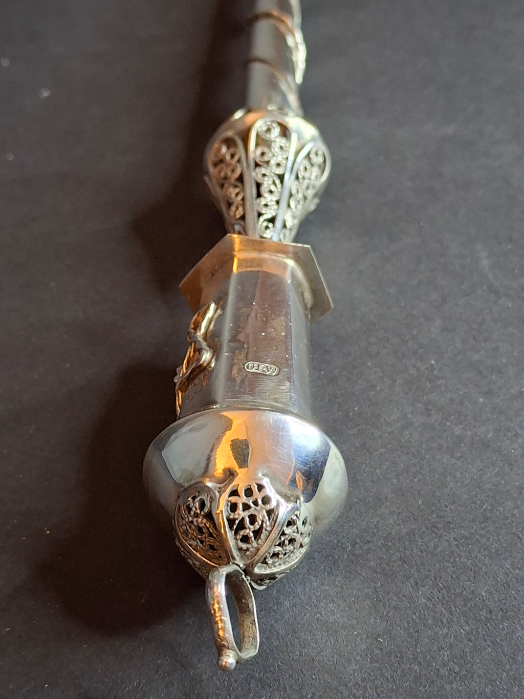 Antique 1812 Russian Silver Torah Pointer Yad - 84 Zolotnik - Filigree & Coral Stone