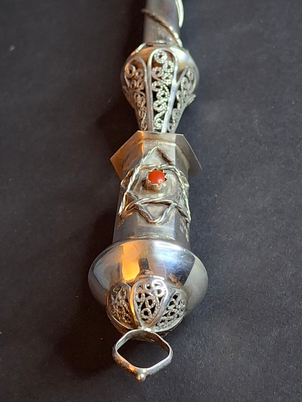 Antique 1812 Russian Silver Torah Pointer Yad - 84 Zolotnik - Filigree & Coral Stone