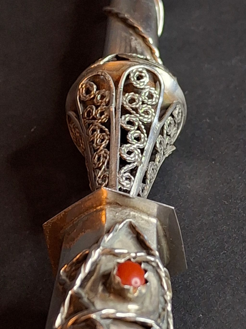 Antique 1812 Russian Silver Torah Pointer Yad - 84 Zolotnik - Filigree & Coral Stone