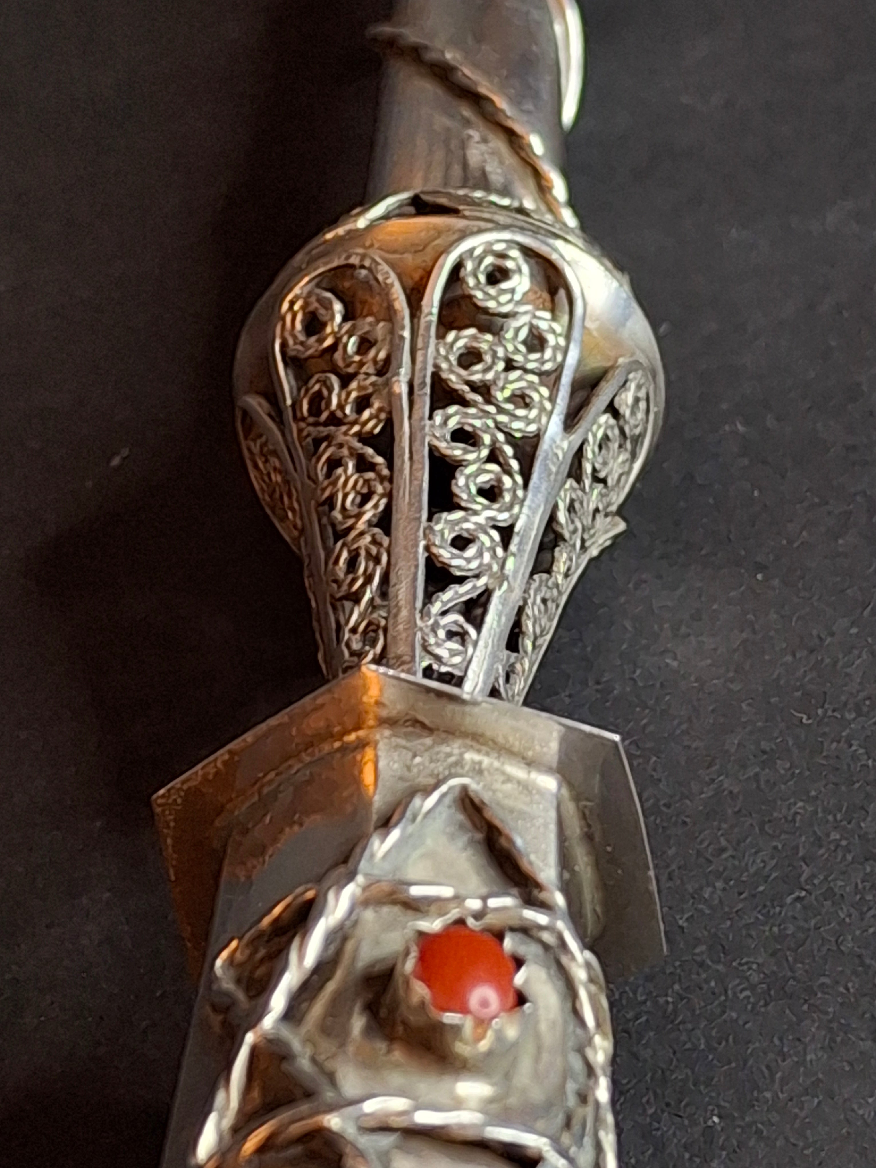Antique 1812 Russian Silver Torah Pointer Yad - 84 Zolotnik - Filigree & Coral Stone