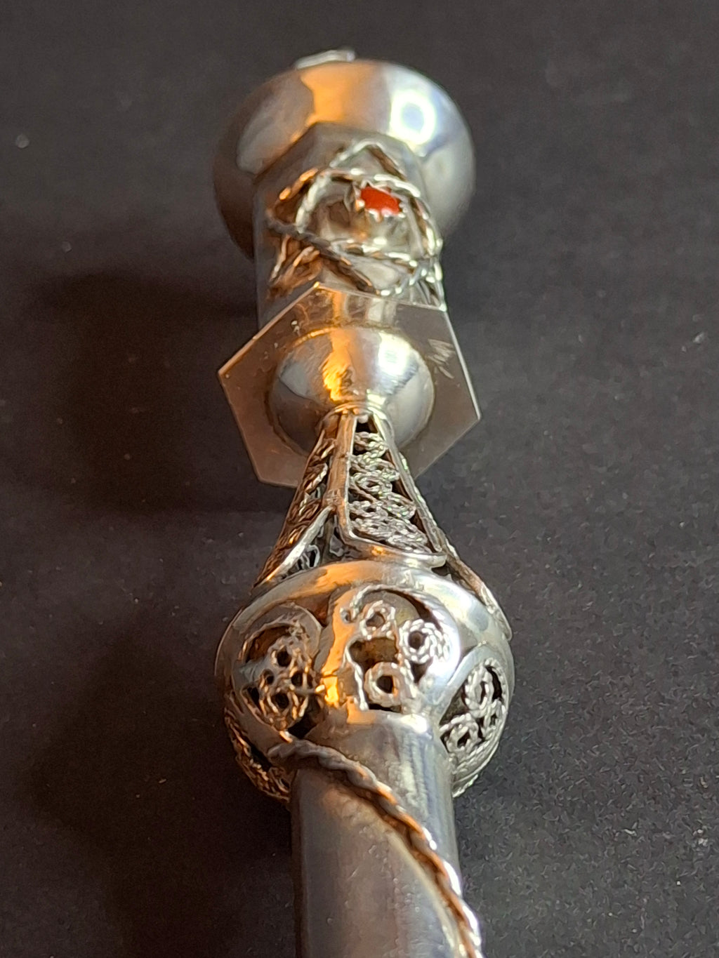 Antique 1812 Russian Silver Torah Pointer Yad - 84 Zolotnik - Filigree & Coral Stone