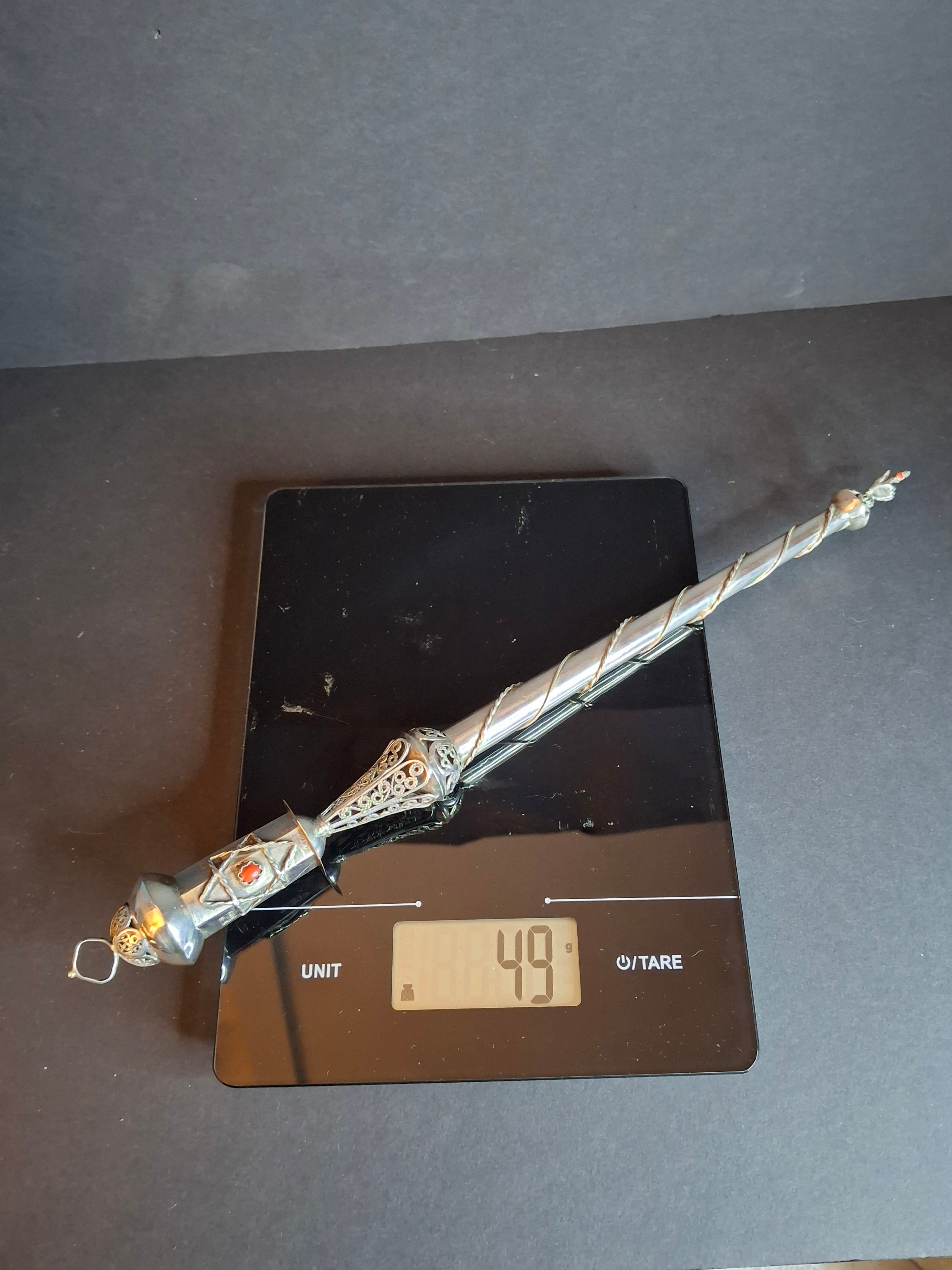 Antique 1812 Russian Silver Torah Pointer Yad - 84 Zolotnik - Filigree & Coral Stone