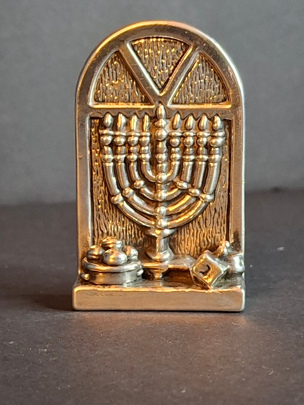 Vintage DOVE 925 Sterling Silver Miniature Hanukkah Arched Window Scene Menorah Dreidel Figurine Sculpture 24g