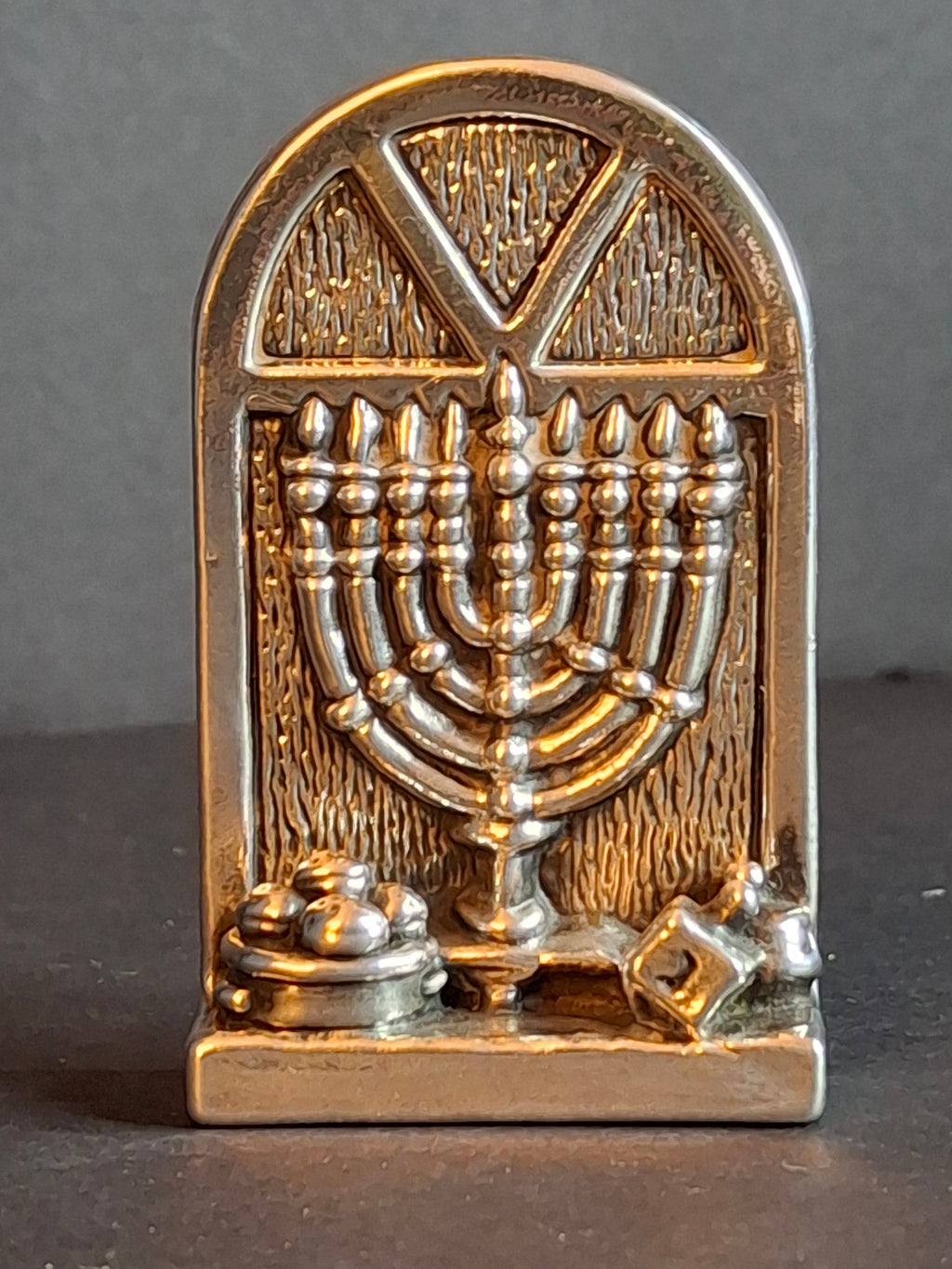 Vintage DOVE 925 Sterling Silver Miniature Hanukkah Arched Window Scene Menorah Dreidel Figurine Sculpture 24g
