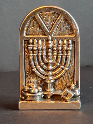 Vintage DOVE 925 Sterling Silver Miniature Hanukkah Arched Window Scene Menorah Dreidel Figurine Sculpture 24g