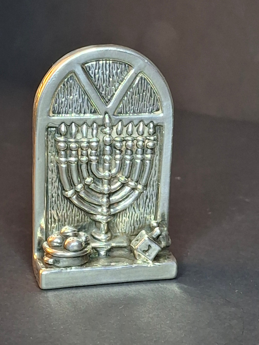 Vintage DOVE 925 Sterling Silver Miniature Hanukkah Arched Window Scene Menorah Dreidel Figurine Sculpture 24g