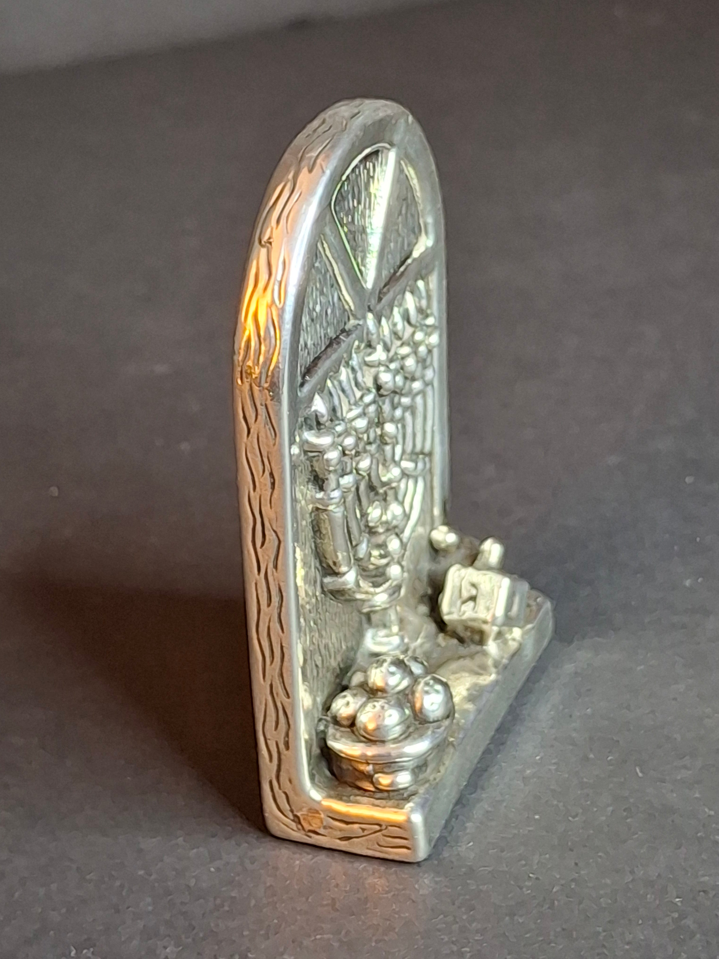 Vintage DOVE 925 Sterling Silver Miniature Hanukkah Arched Window Scene Menorah Dreidel Figurine Sculpture 24g