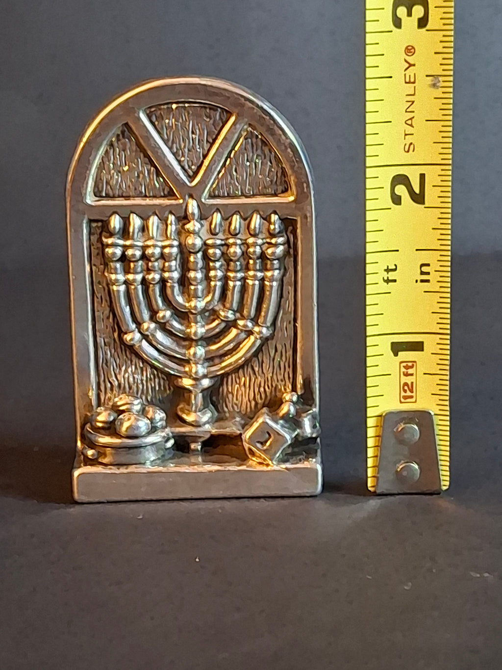 Vintage DOVE 925 Sterling Silver Miniature Hanukkah Arched Window Scene Menorah Dreidel Figurine Sculpture 24g