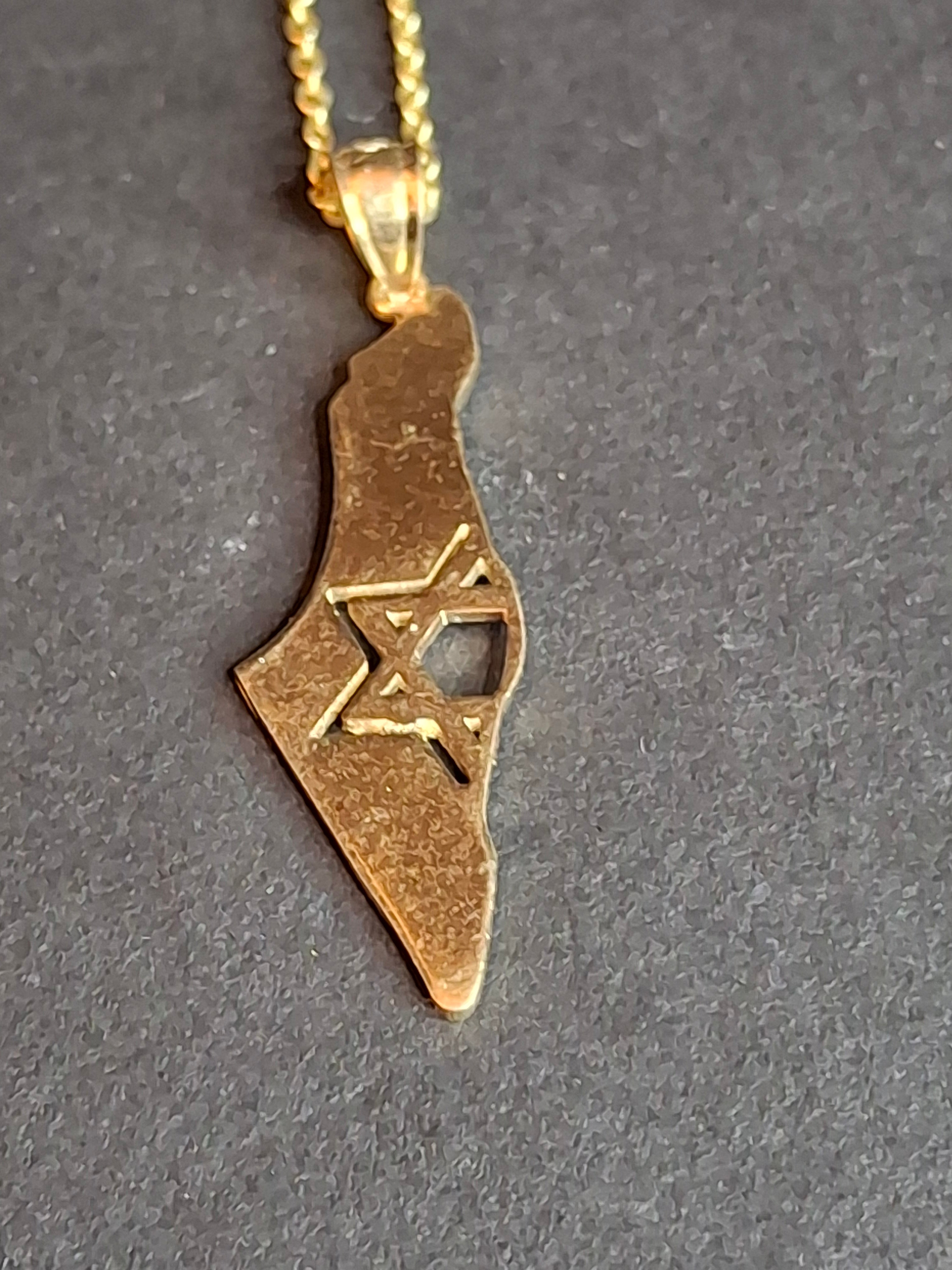 Vintage 925 Sterling Silver Gold Wash Israel Map Pendant 925 Necklace 18" Star of David