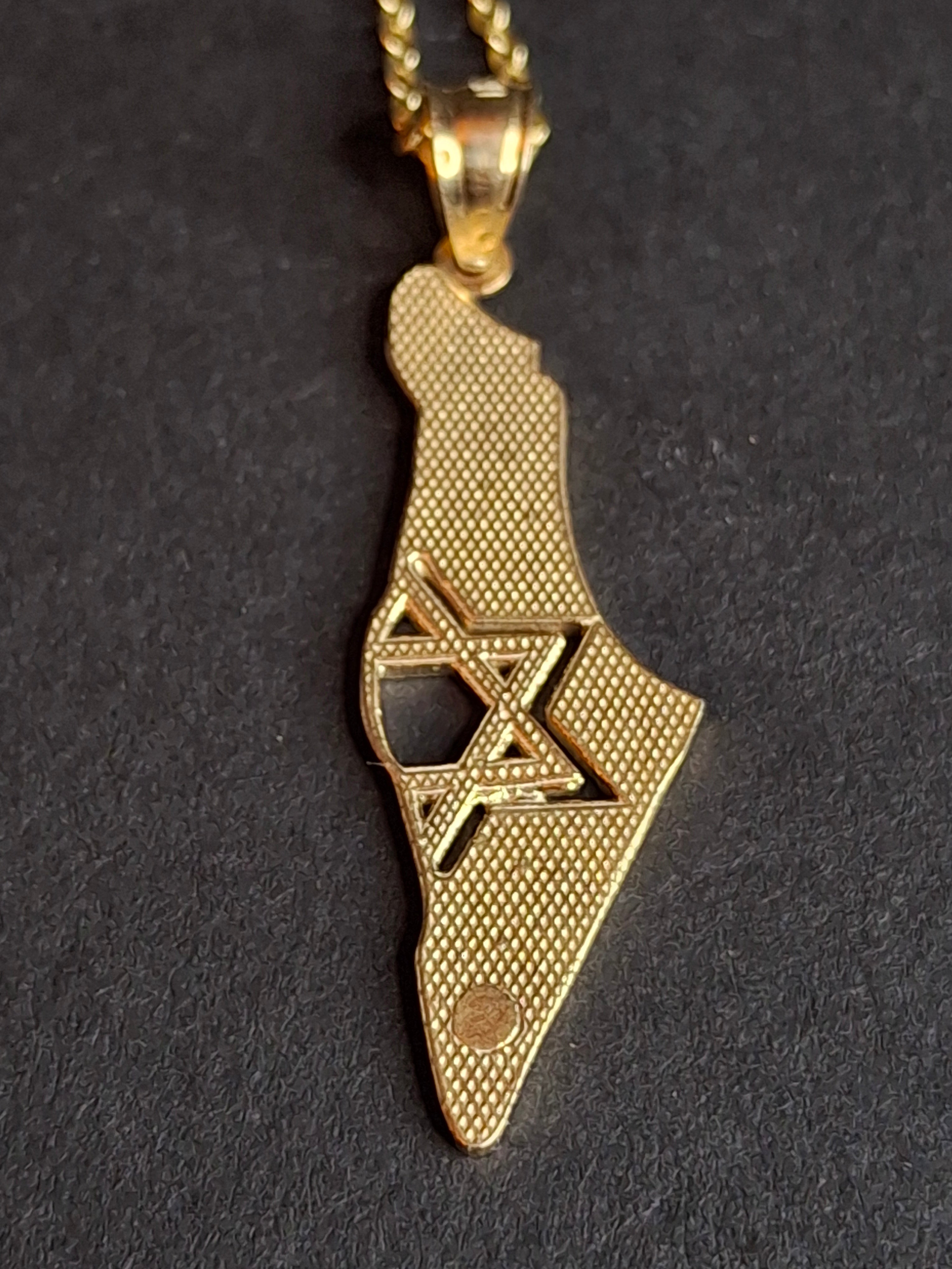 Vintage 925 Sterling Silver Gold Wash Israel Map Pendant 925 Necklace 18" Star of David
