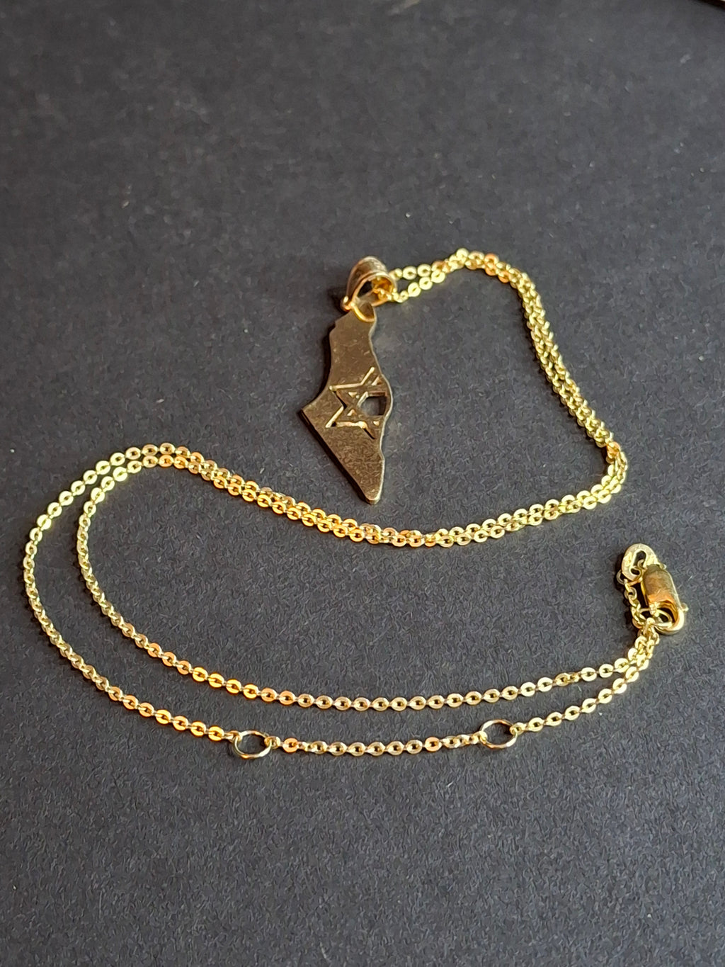 Vintage 925 Sterling Silver Gold Wash Israel Map Pendant 925 Necklace 18" Star of David