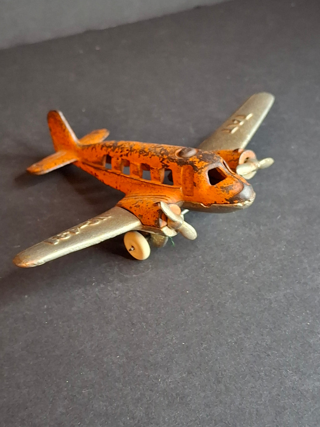 Vintage 1930s Hubley Cast Iron TAT NC-491 Dual Prop Airplane Toy Orange Nickel