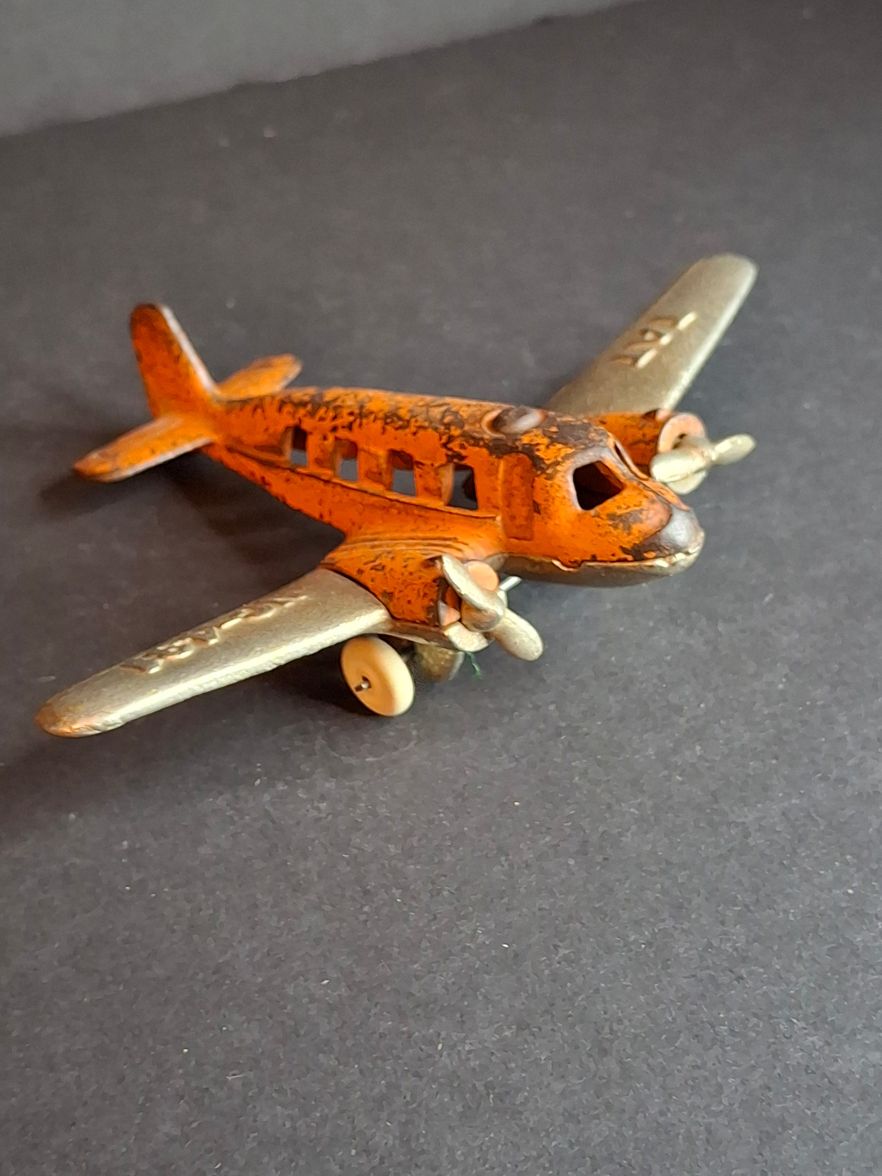 Vintage 1930s Hubley Cast Iron TAT NC-491 Dual Prop Airplane Toy Orange Nickel