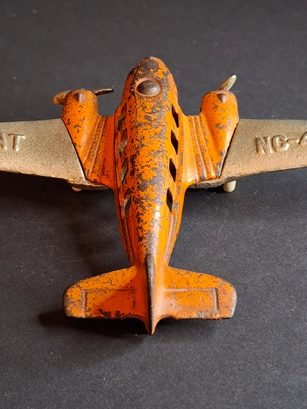 Vintage 1930s Hubley Cast Iron TAT NC-491 Dual Prop Airplane Toy Orange Nickel