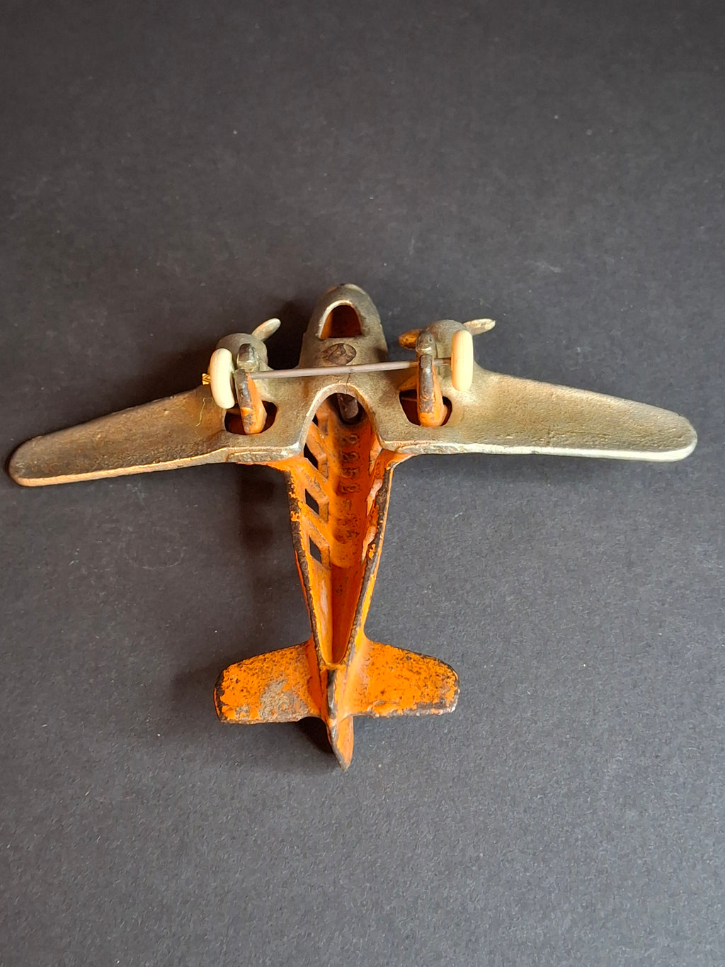Vintage 1930s Hubley Cast Iron TAT NC-491 Dual Prop Airplane Toy Orange Nickel