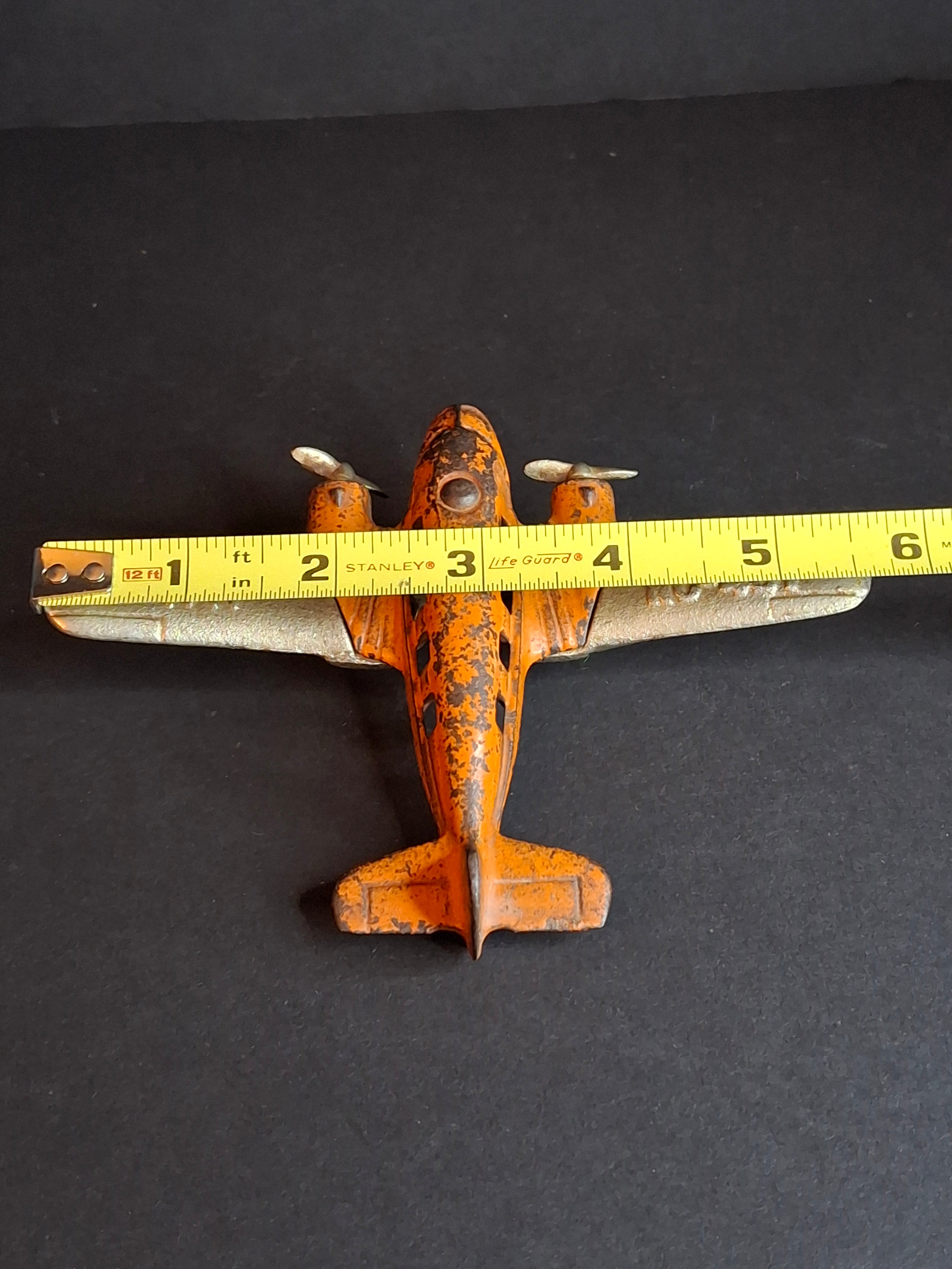 Vintage 1930s Hubley Cast Iron TAT NC-491 Dual Prop Airplane Toy Orange Nickel
