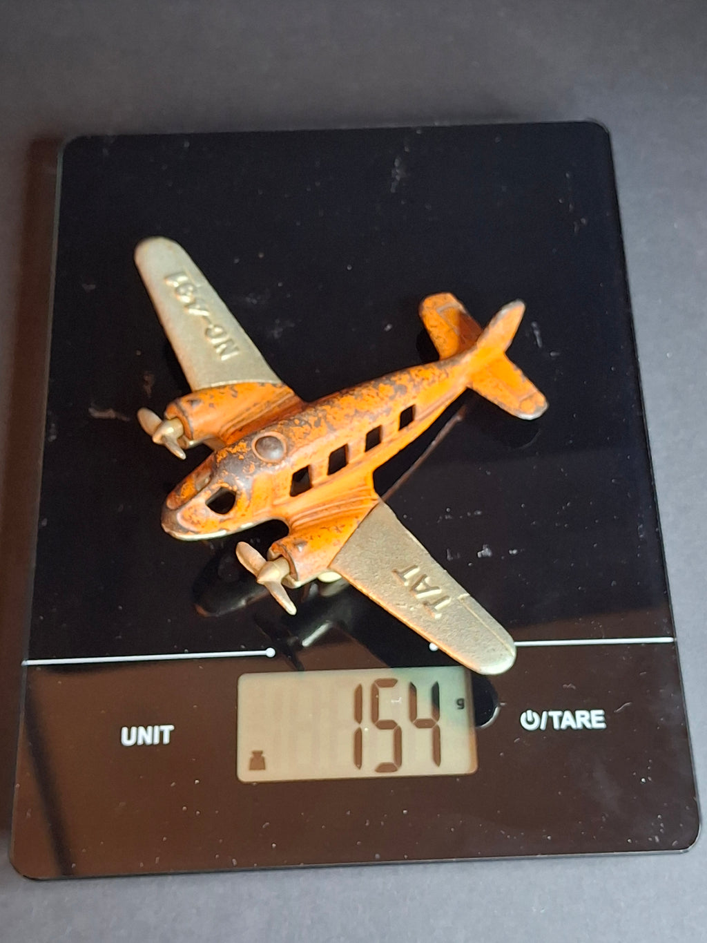Vintage 1930s Hubley Cast Iron TAT NC-491 Dual Prop Airplane Toy Orange Nickel