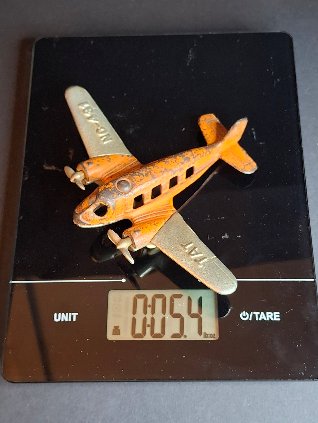 Vintage 1930s Hubley Cast Iron TAT NC-491 Dual Prop Airplane Toy Orange Nickel