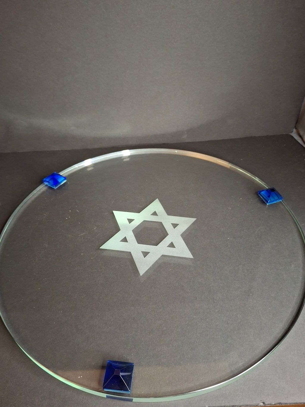 Modern Art Glass Challah Board Star of David Etched Plate Cobalt Blue Pyramid Feet 13"