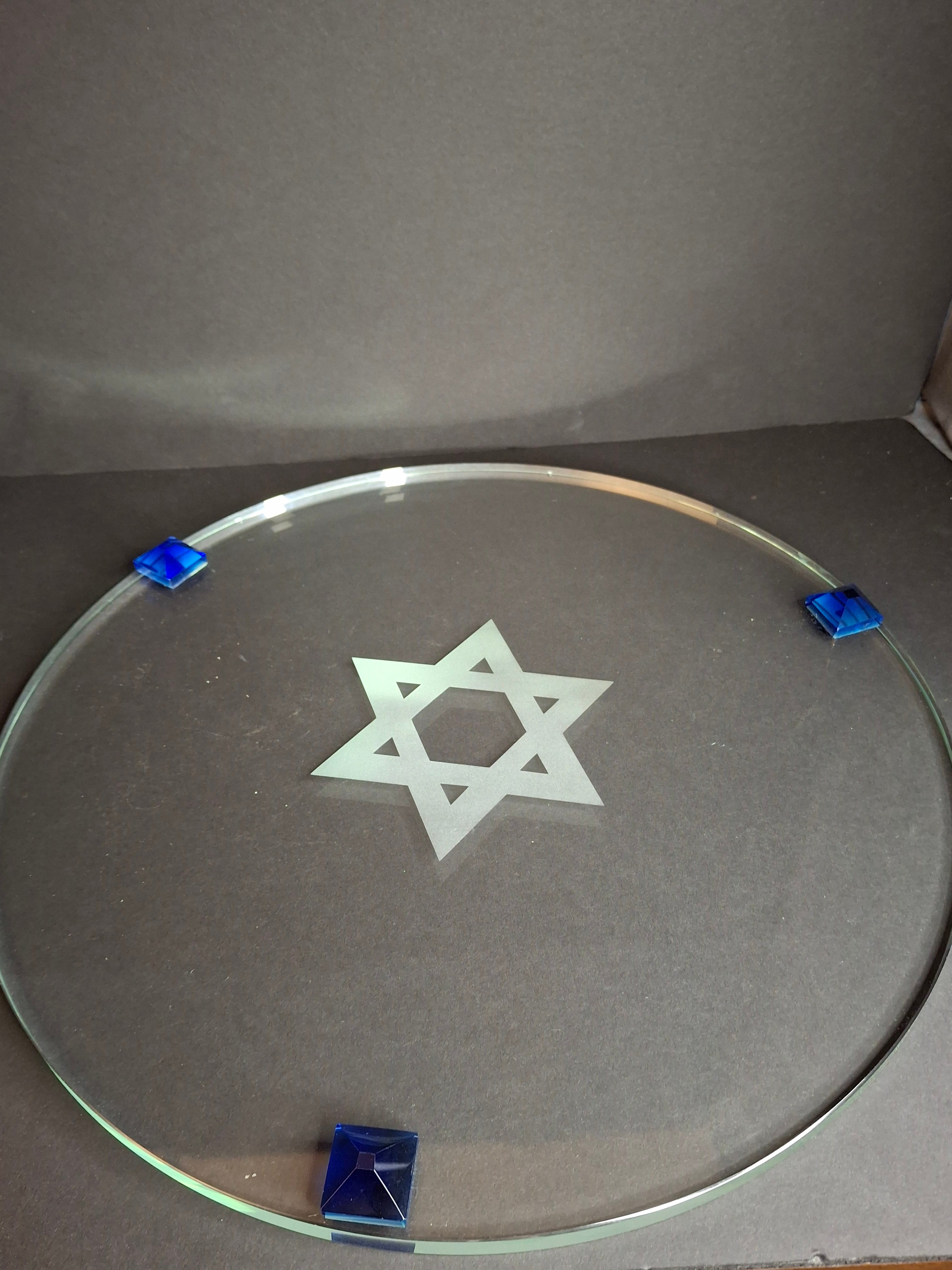 Modern Art Glass Challah Board Star of David Etched Plate Cobalt Blue Pyramid Feet 13"