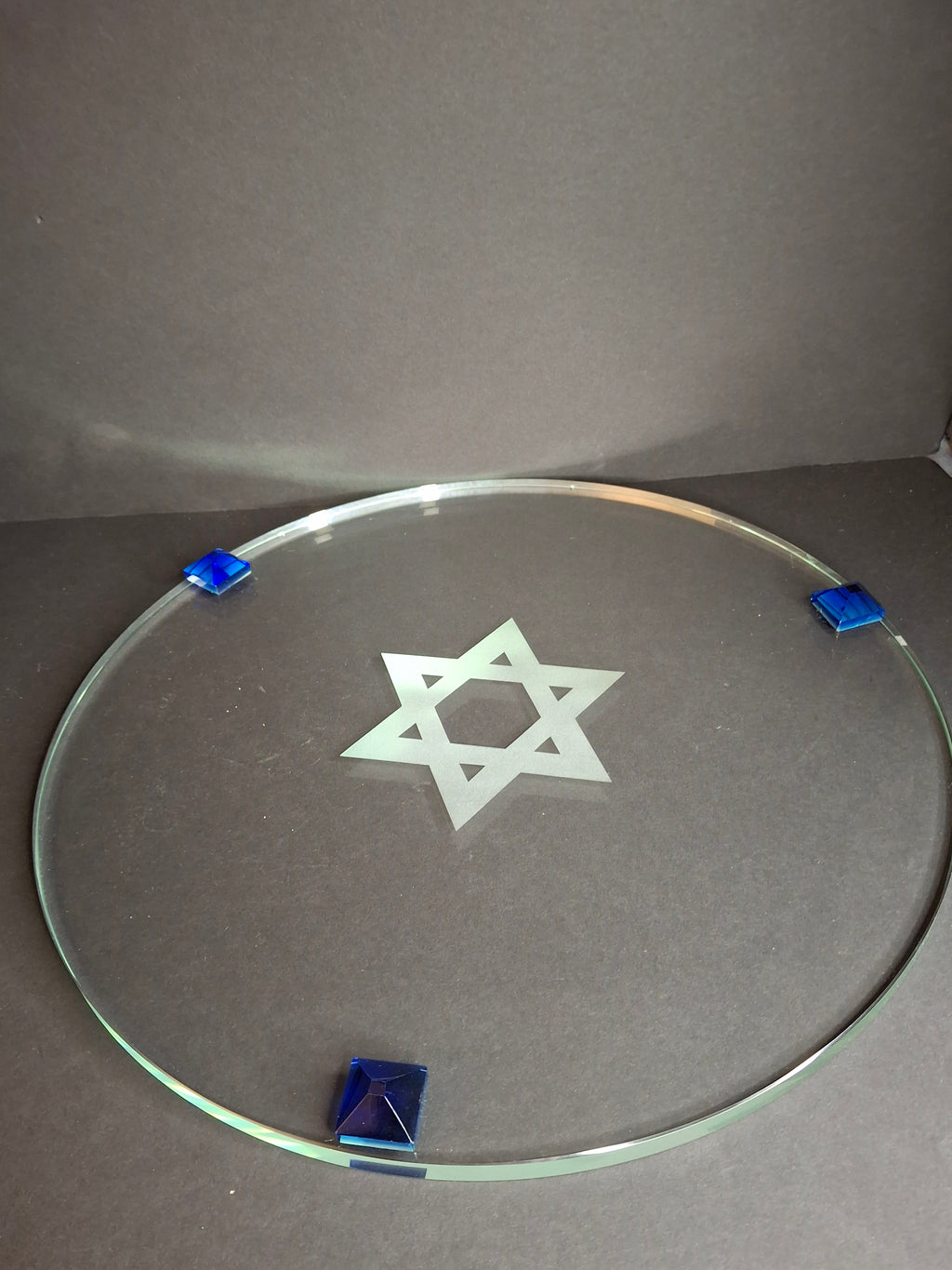 Modern Art Glass Challah Board Star of David Etched Plate Cobalt Blue Pyramid Feet 13"