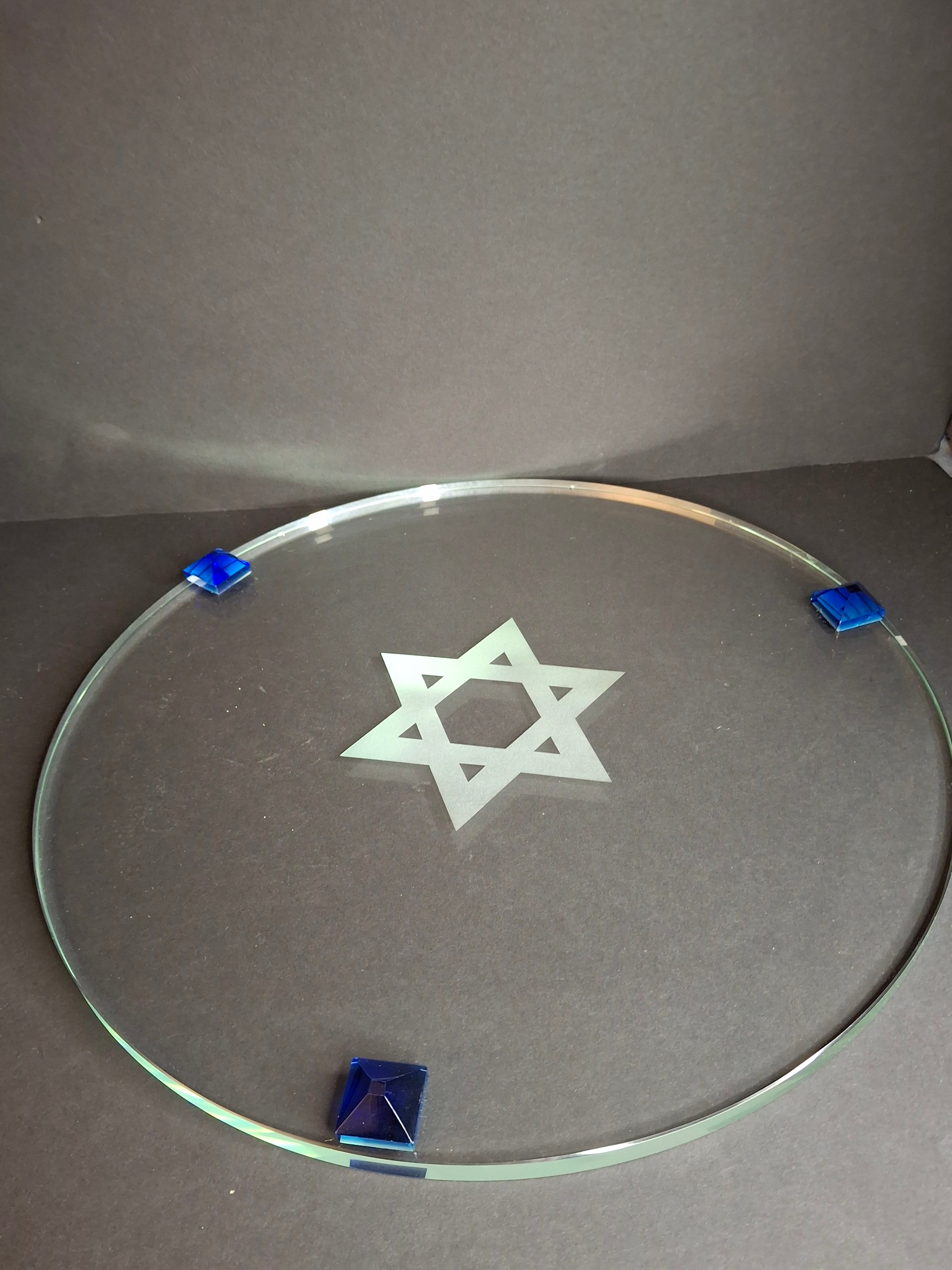 Modern Art Glass Challah Board Star of David Etched Plate Cobalt Blue Pyramid Feet 13"
