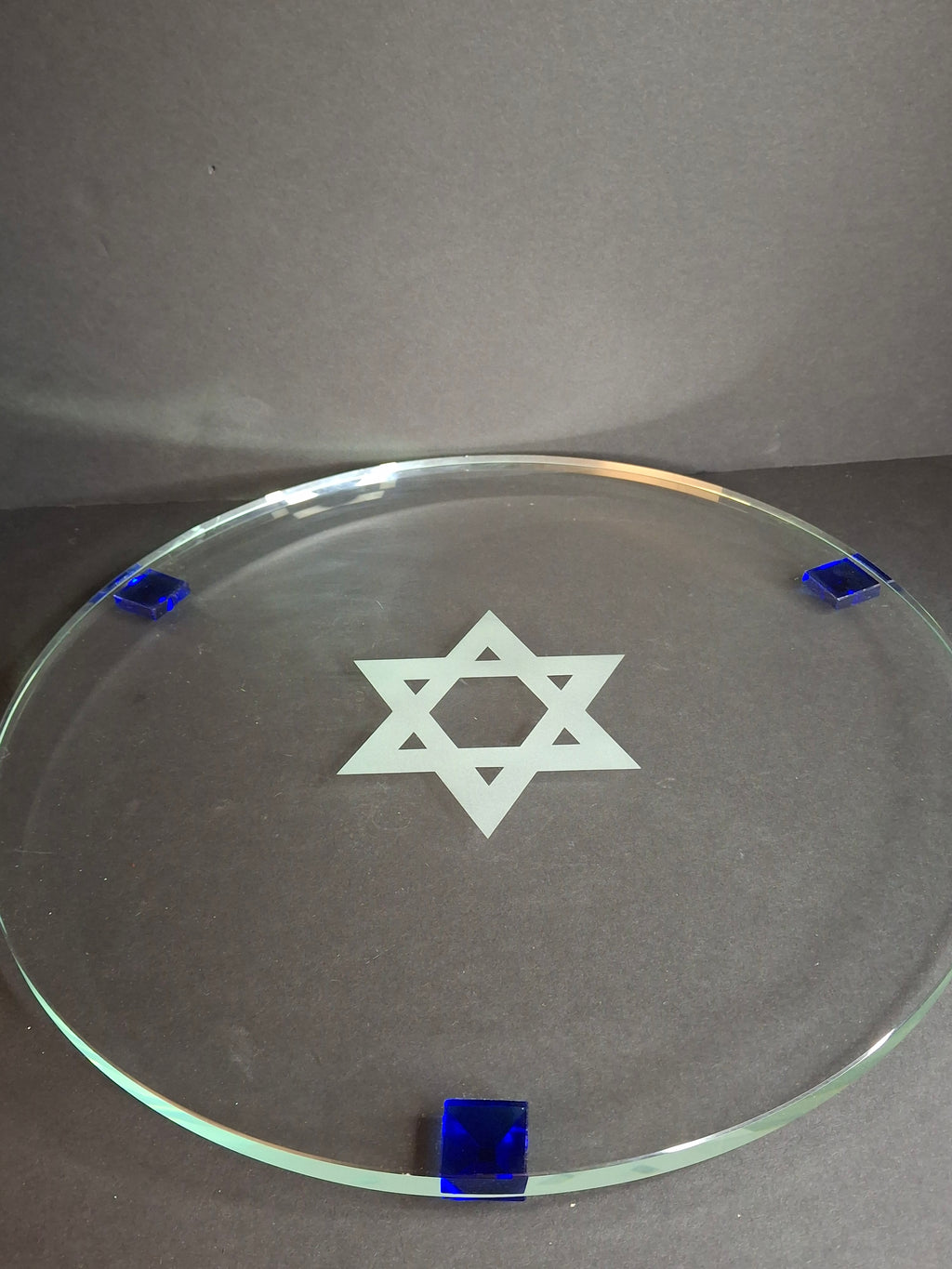 Modern Art Glass Challah Board Star of David Etched Plate Cobalt Blue Pyramid Feet 13"