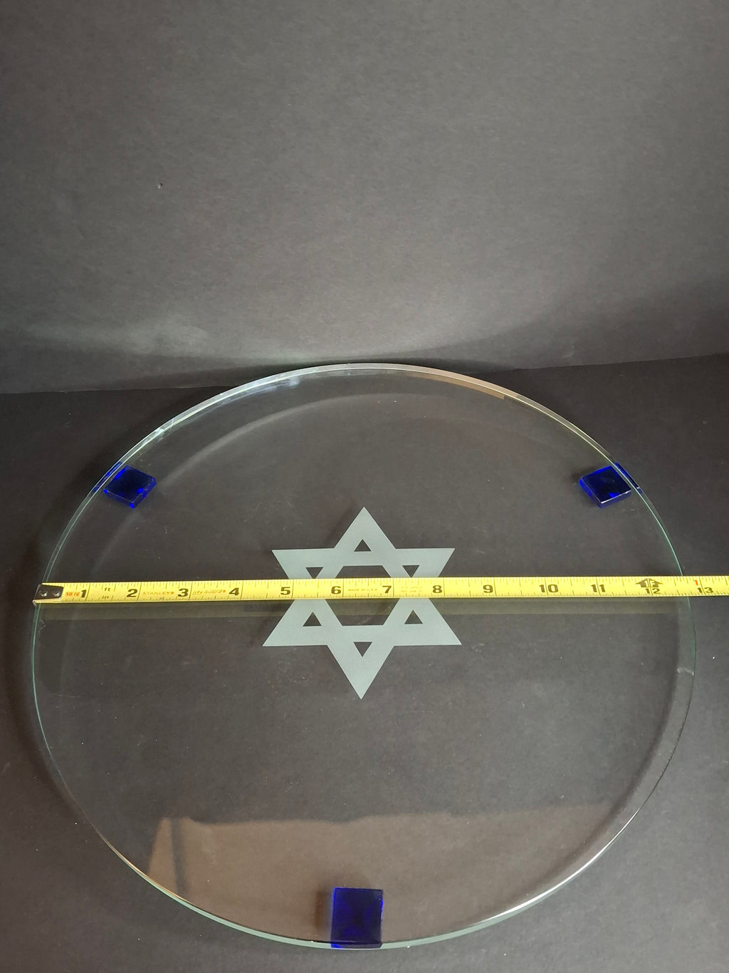 Modern Art Glass Challah Board Star of David Etched Plate Cobalt Blue Pyramid Feet 13"