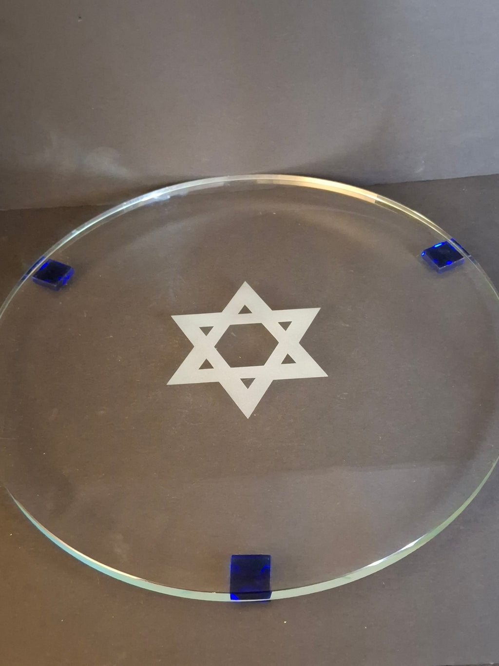 Modern Art Glass Challah Board Star of David Etched Plate Cobalt Blue Pyramid Feet 13"