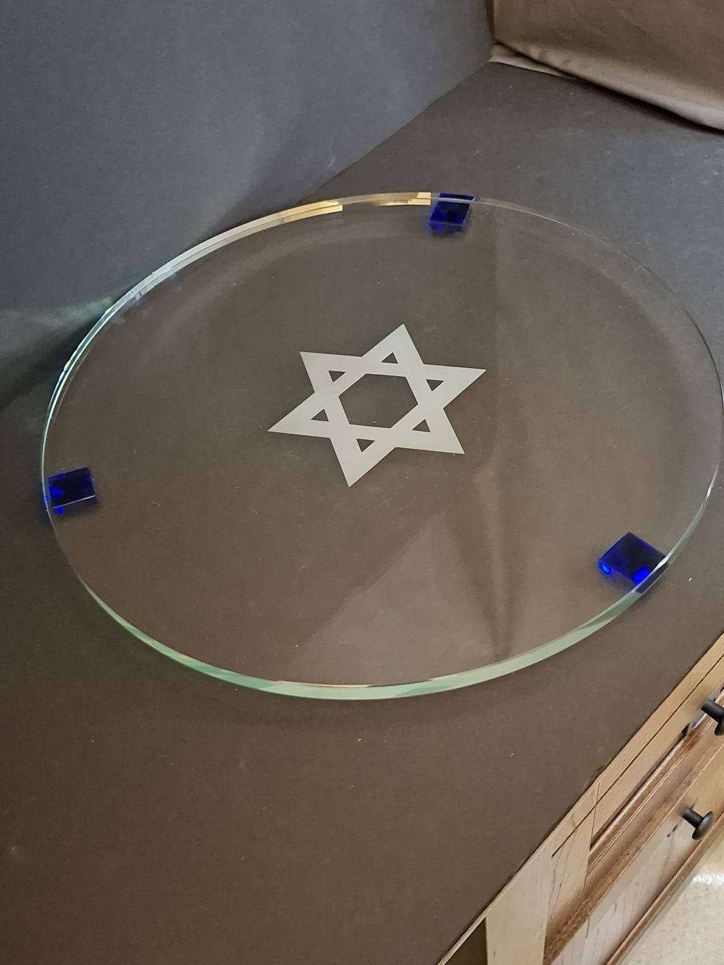 Modern Art Glass Challah Board Star of David Etched Plate Cobalt Blue Pyramid Feet 13"