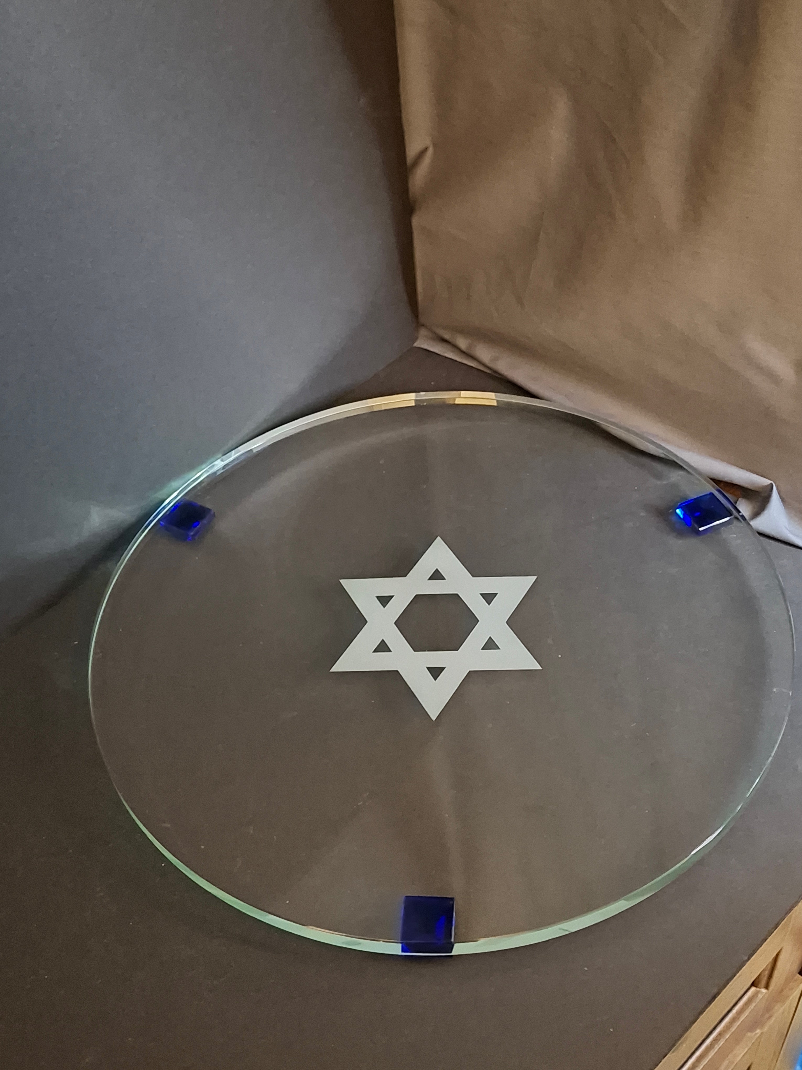 Modern Art Glass Challah Board Star of David Etched Plate Cobalt Blue Pyramid Feet 13"