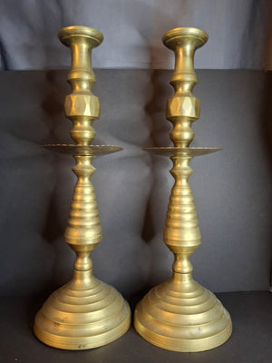 Monumental 19" Antique Brass Synagogue Shabbat Candlesticks - 19th Century