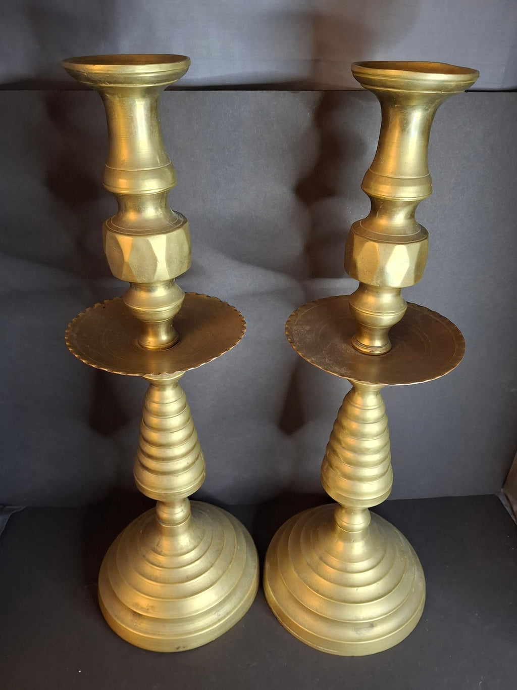 Monumental 19" Antique Brass Synagogue Shabbat Candlesticks - 19th Century