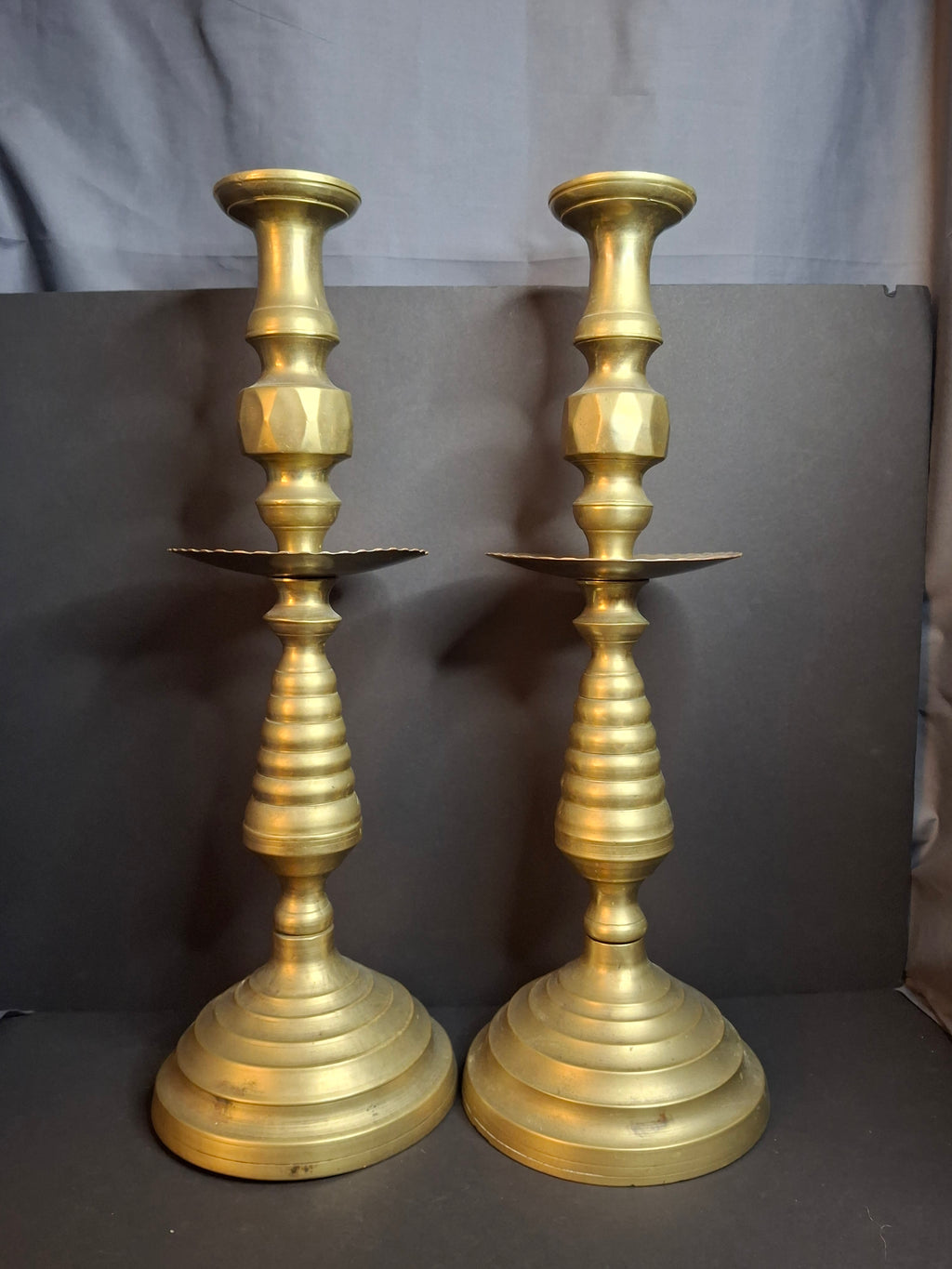 Monumental 19" Antique Brass Synagogue Shabbat Candlesticks - 19th Century