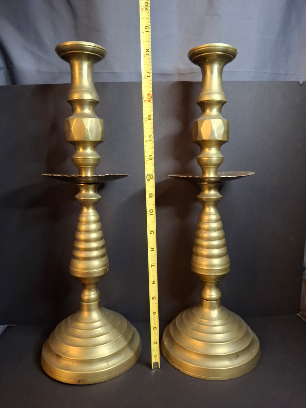 Monumental 19" Antique Brass Synagogue Shabbat Candlesticks - 19th Century