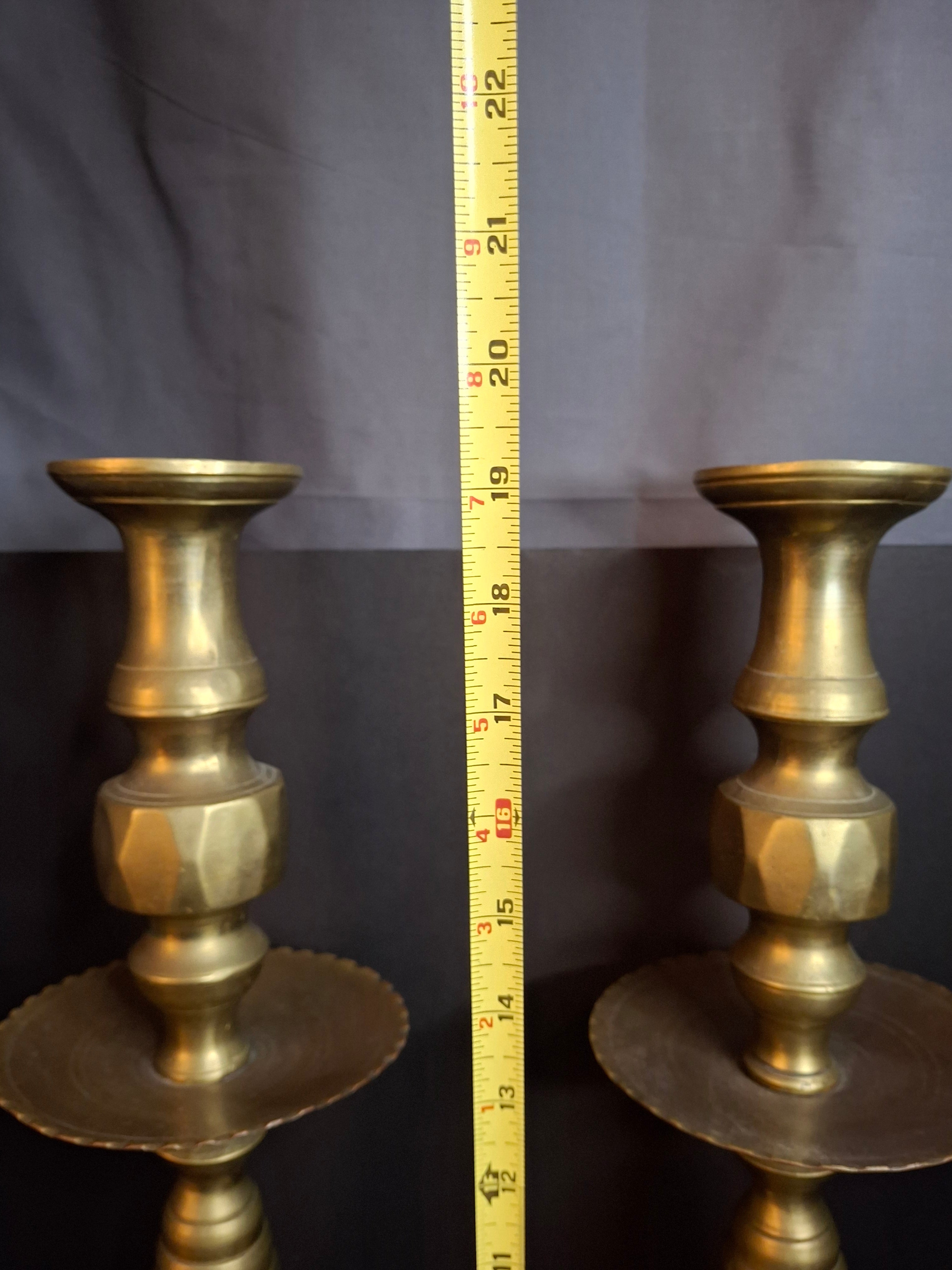 Monumental 19" Antique Brass Synagogue Shabbat Candlesticks - 19th Century